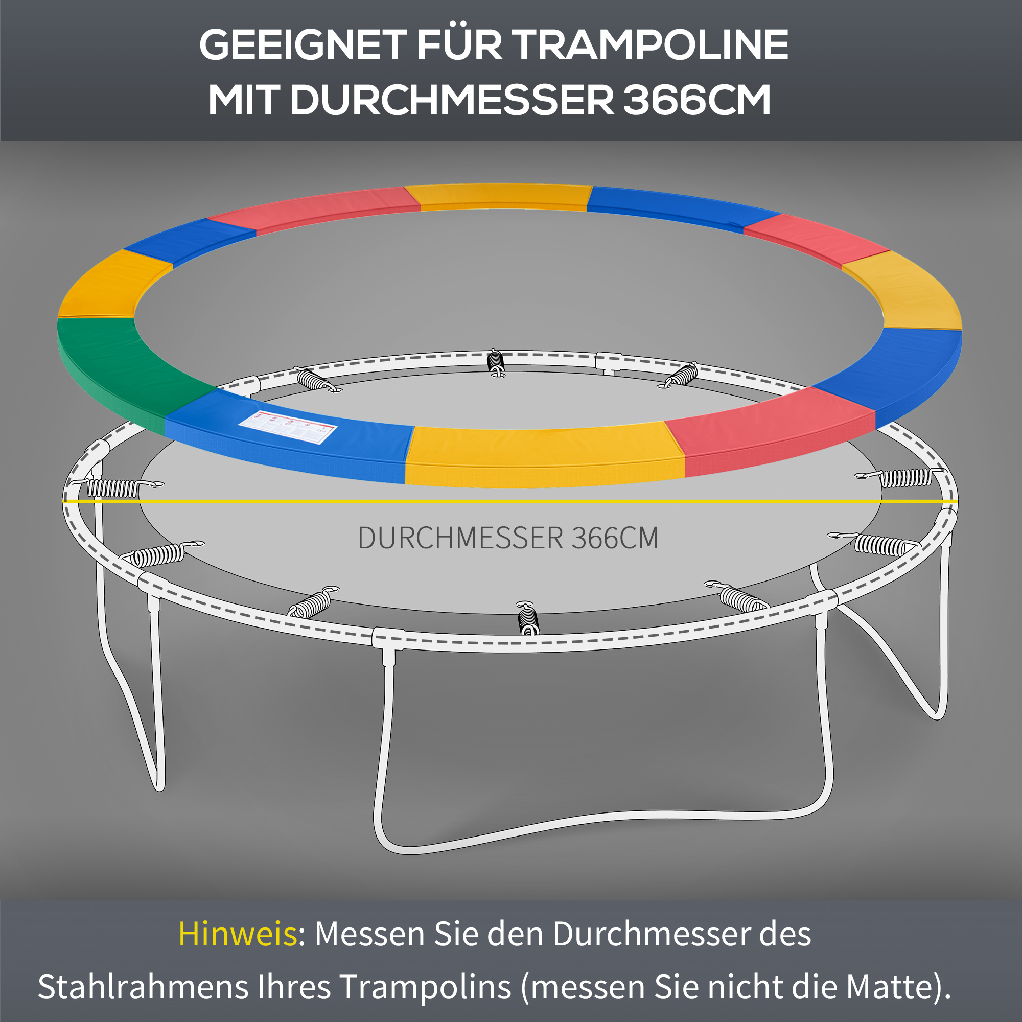 Trampolin Randabdeckung Ø366cm cm breit, Reißfest UV-resistent Federabdeckung, Wasserabweisend, Trampolinzubehör Randschutz Sicherheitsnetz Ersatzteile für Gartentrampoline, Rot+Gelb+Blau