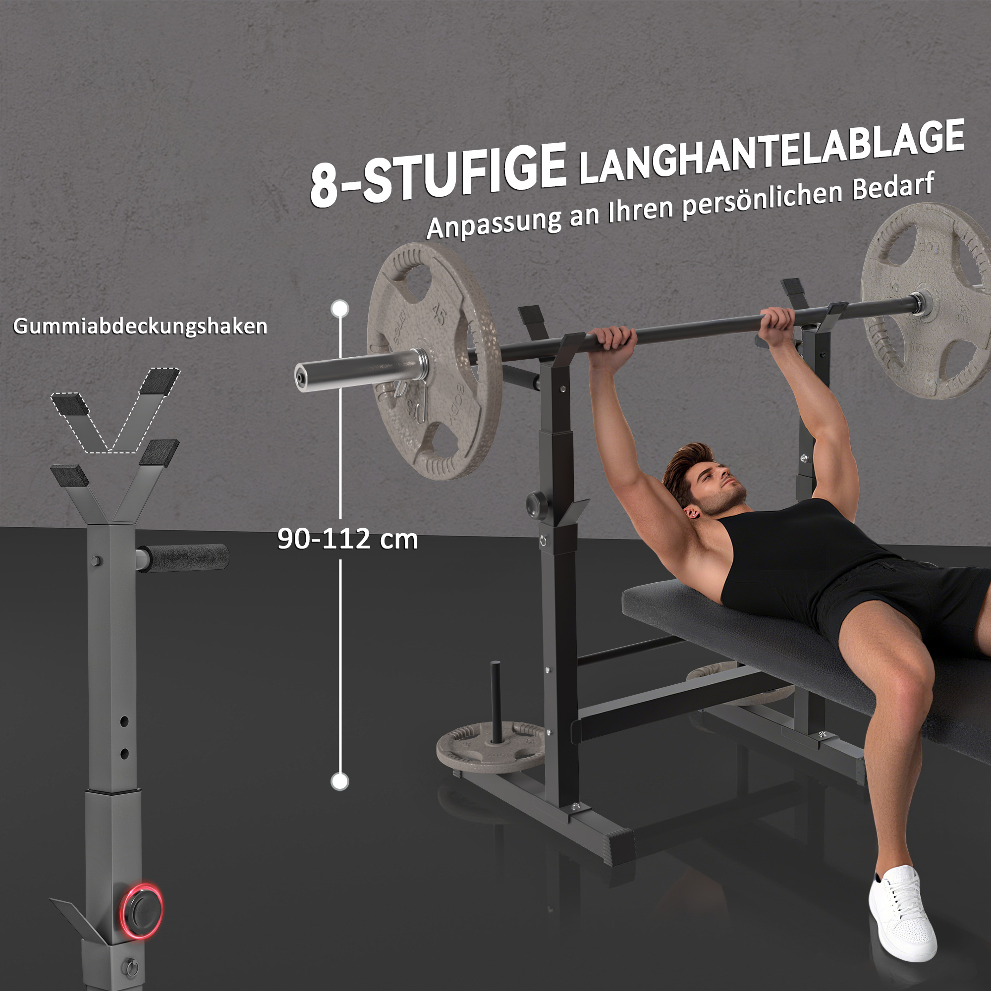 Hantelbank, 8 Positionen, klappbar, Stahlbasis, gepolstert, Kunstleder, 98-122H x 140L x 73B cm, Schwarz/Grau