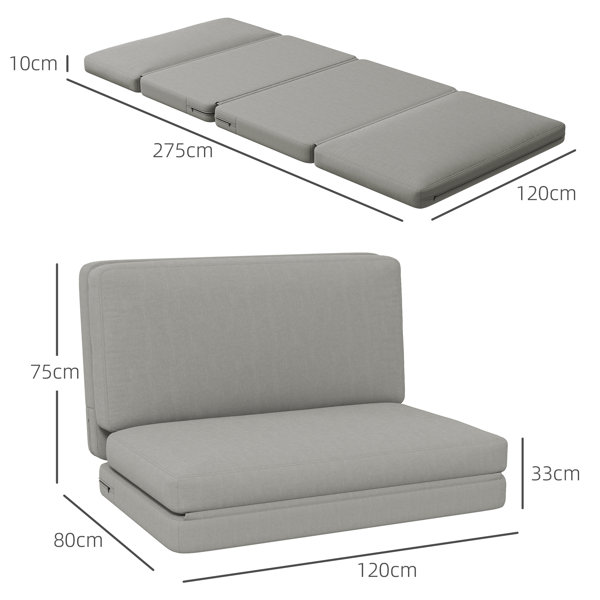 2-in-1 faltbarer Relaxsessel, Gästematratze, teilbar, 120 cm breit, Hellgrau