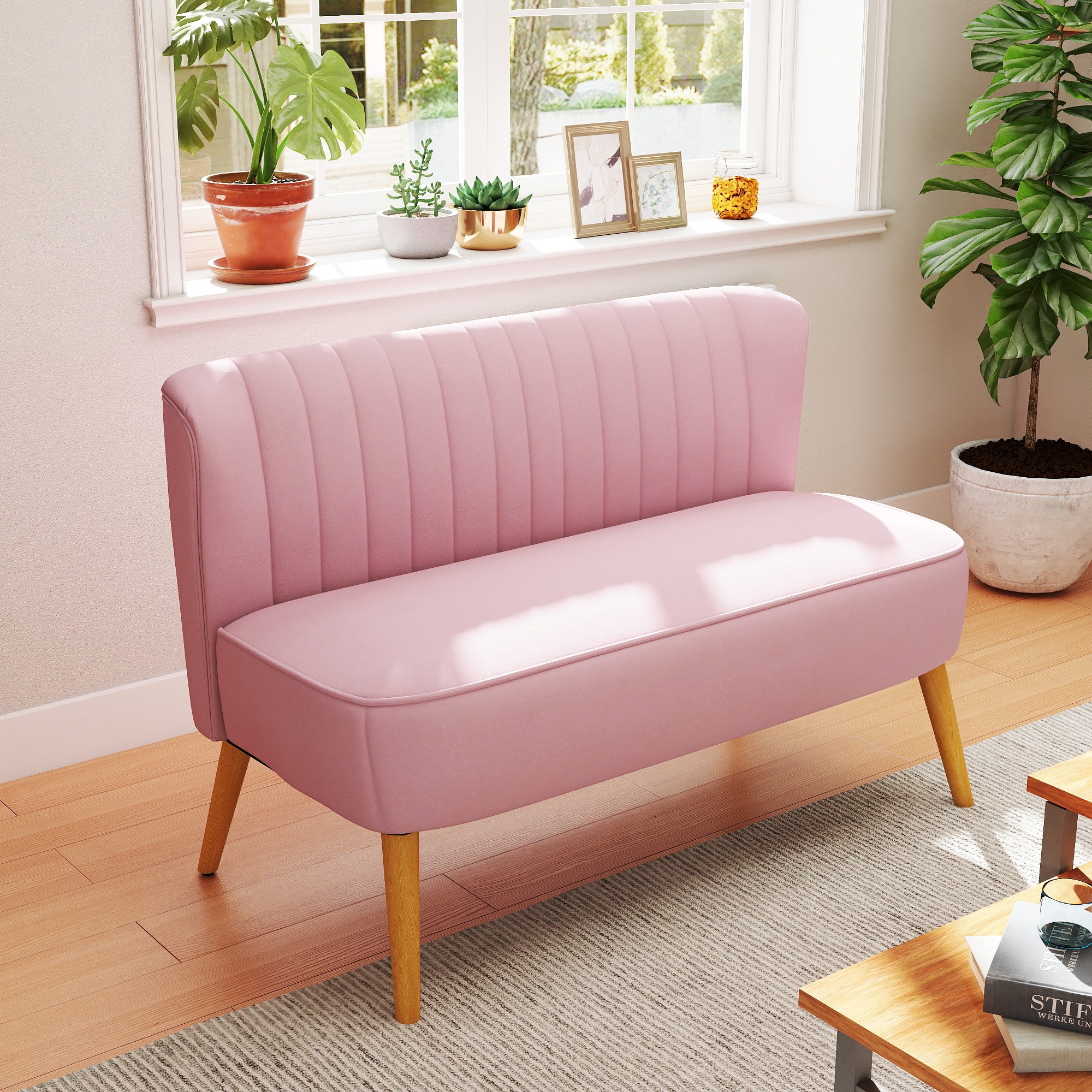 2-Sitzer Stoffsofa Polstersofa Doppelsofa Sitzmöbel Loungesofa Holz Samtartiges Polyster Schaumstoff Rosa 117 x 56,5 x 77 cm