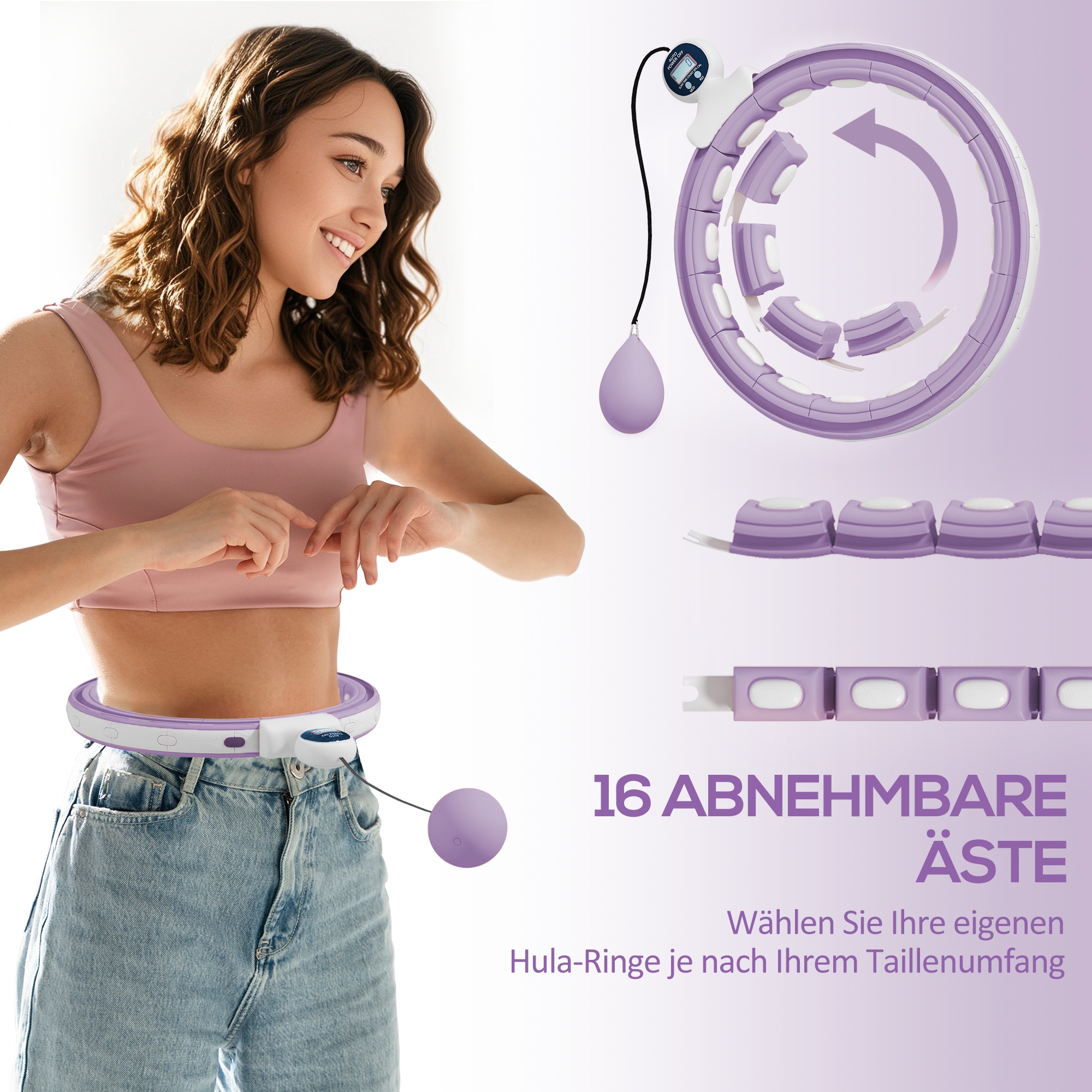 Smart Hula Hoop Reifen Erwachsene mit Gewicht Kugel Zähler 16 Knoten (76-113cm) Violett