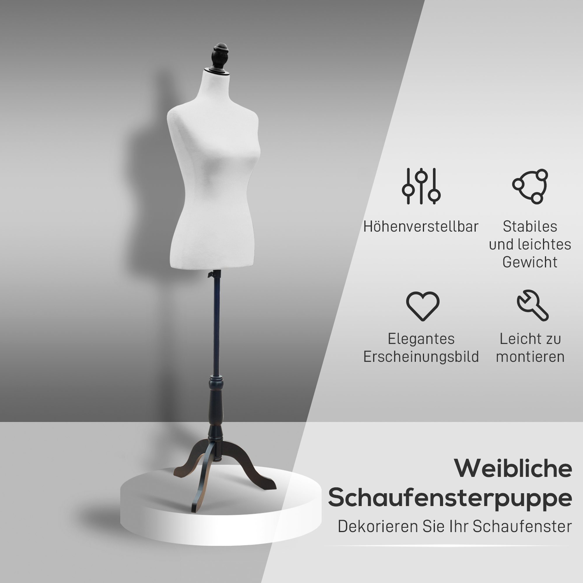 Mannequin-Torso, Kleiderpuppe, Schaufensterpuppe, Schaumstoff, Holz, Metall, Weiß