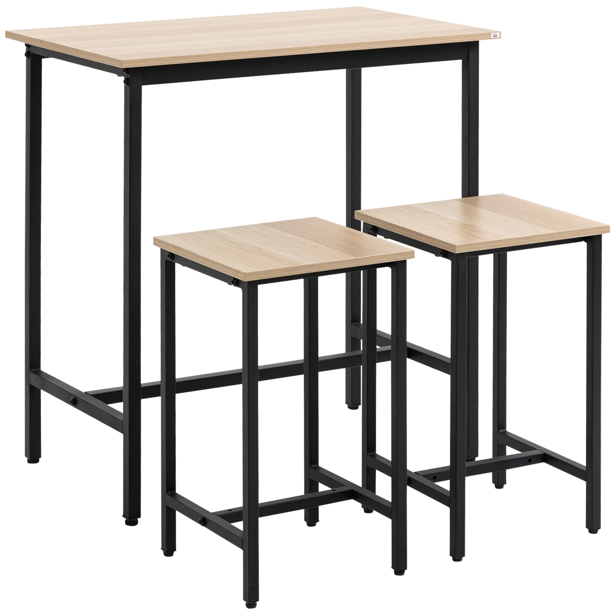 Bartisch-Set im Industrie-Design, 3-teilig, 1 Tisch, 2 Hocker, Schwarz + Natur