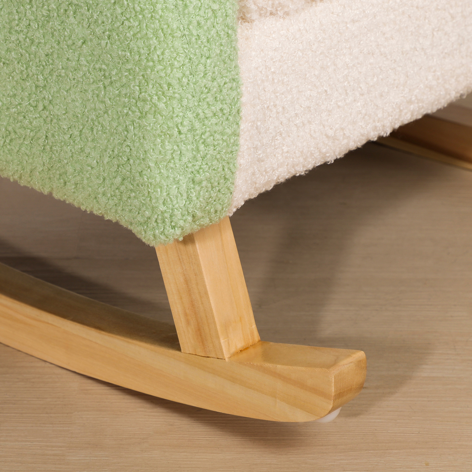 Schaukelstuhl für Kleinkinder Niedliches Design, Schaffell-Imitat, Eukalyptusholz Grün + Gelb Beige