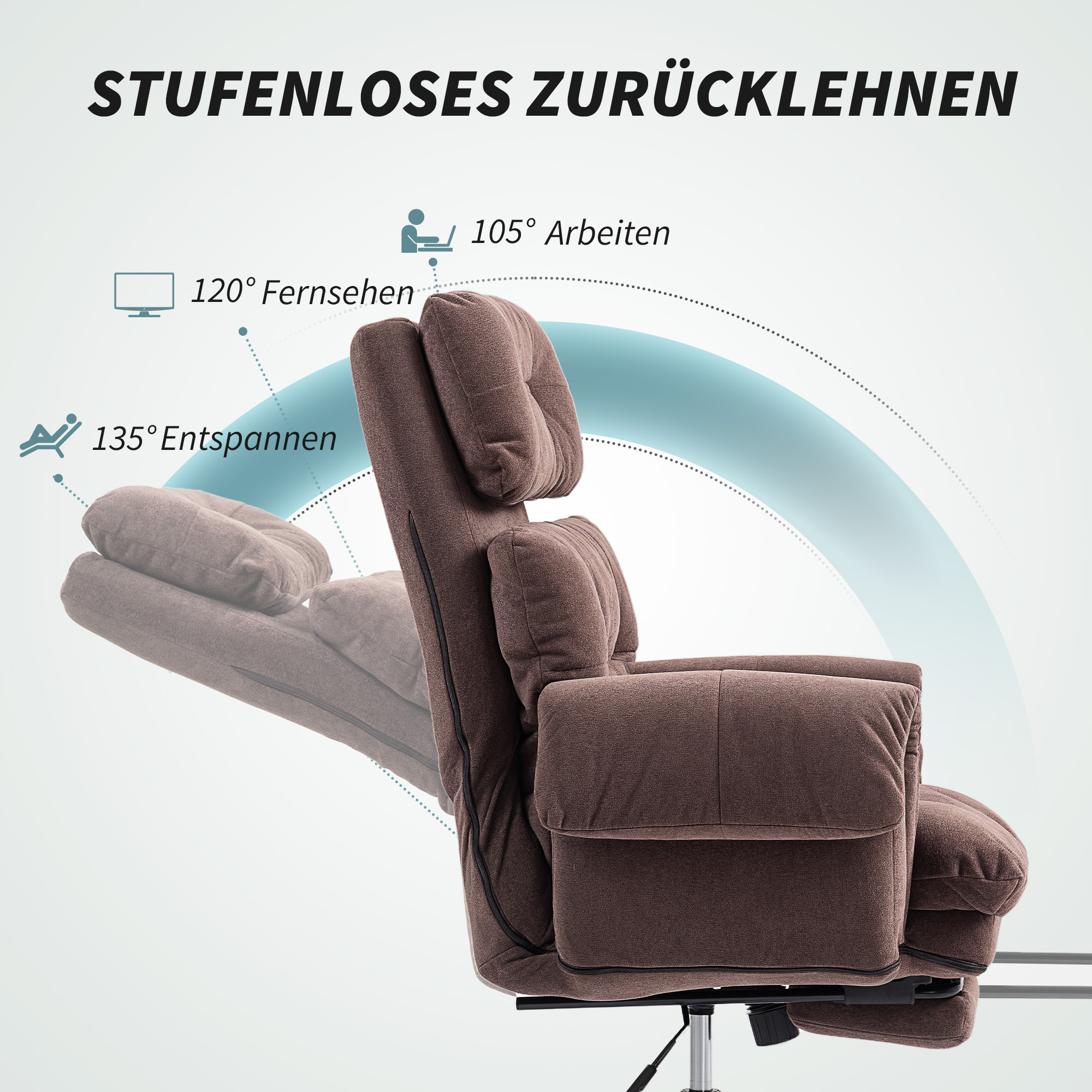 Bürostuhl mit verstellbarer Rückenlehne, rollbarer Polsterstuhl, Polstersessel, höhenverstellbar, Stahl, Braun