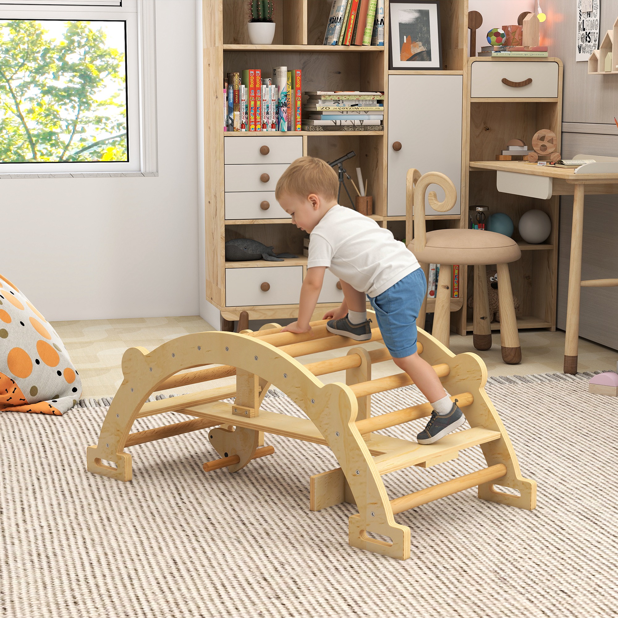 Montessori Klettergerüst Indoor, 2 in 1 Kletterbogen aus Holz, für Kinder 2-4 Jahre, 110x52x45 cm, Naturholz