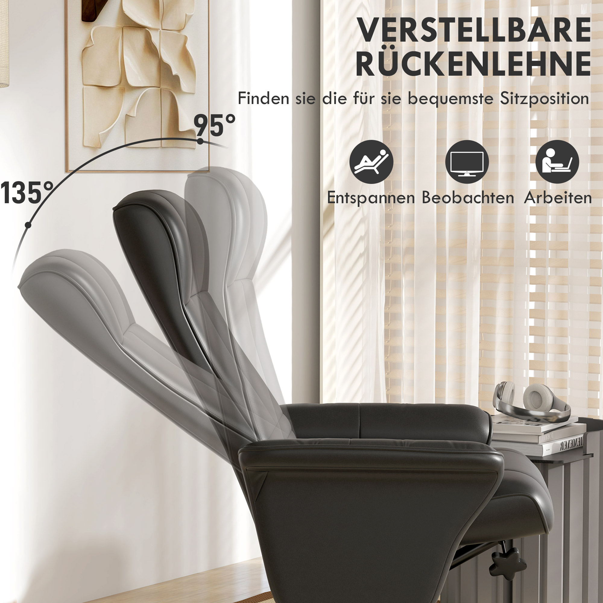 Polstersessel, Akzentsessel mit Hocker, drehbar, ergonomisch, Mikrofasertuchoptik, bis 150 kg, Schwarz