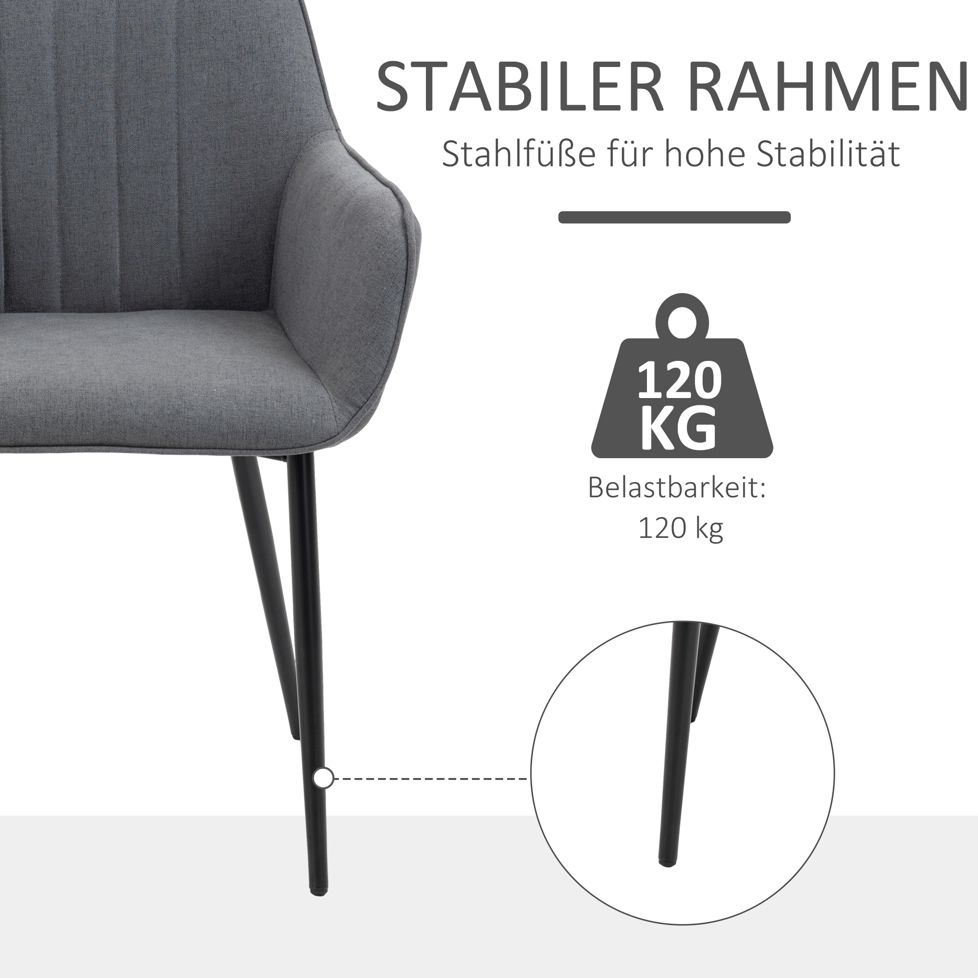 2er Set Esszimmerstühle Essstühle Polsterstuhl mit atmungsaktivem Leinenbezug Wohnzimmerstuhl Sessel Küchenstuhl mit Rückenlehne Armlehne Leinen Dunkelgrau 59,5 x 56,5 x 81 cm