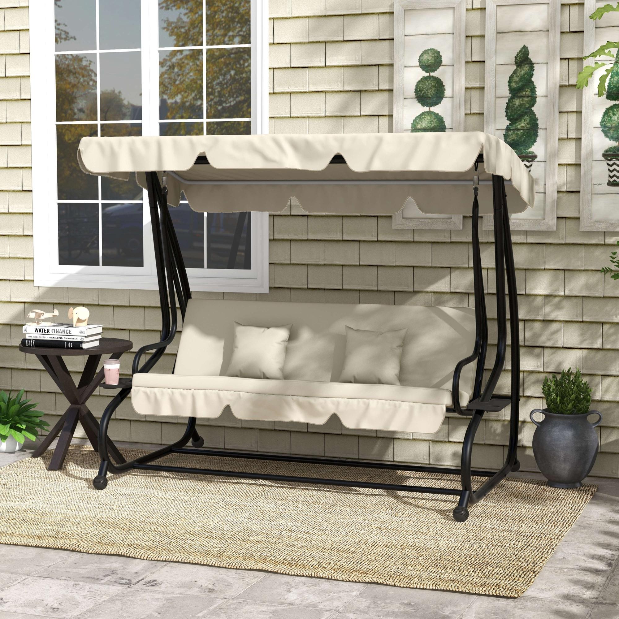 2-in-1 Hollywoodschaukel mit Liegefunktion, verstellbares Dach, bis 340 kg, Stahl, 200x120x164 cm, Cremeweiß