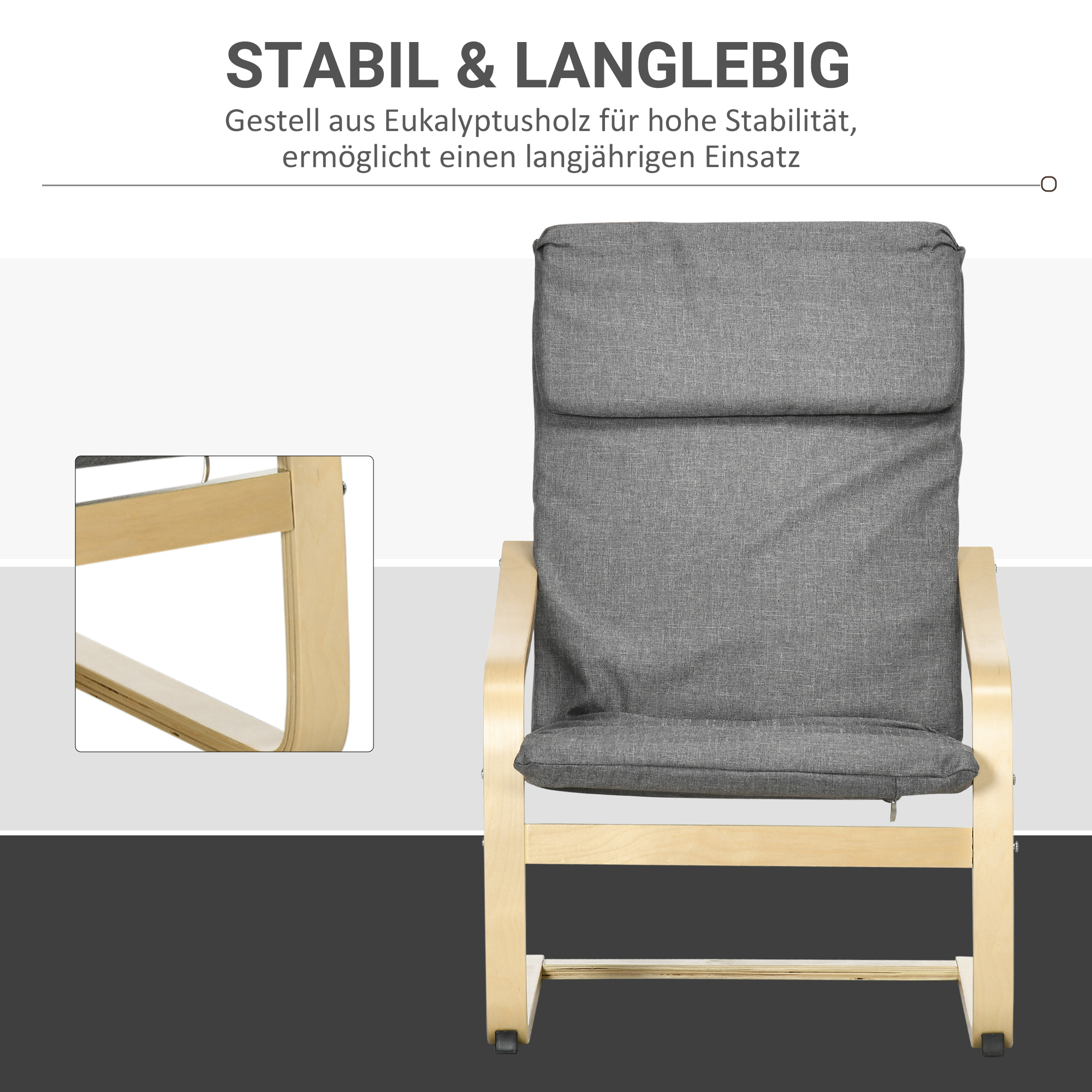 Sessel mit Kopfstütze und Armlehnen, Bezug in Leinenoptik, Holzgestell, Grau + Natur