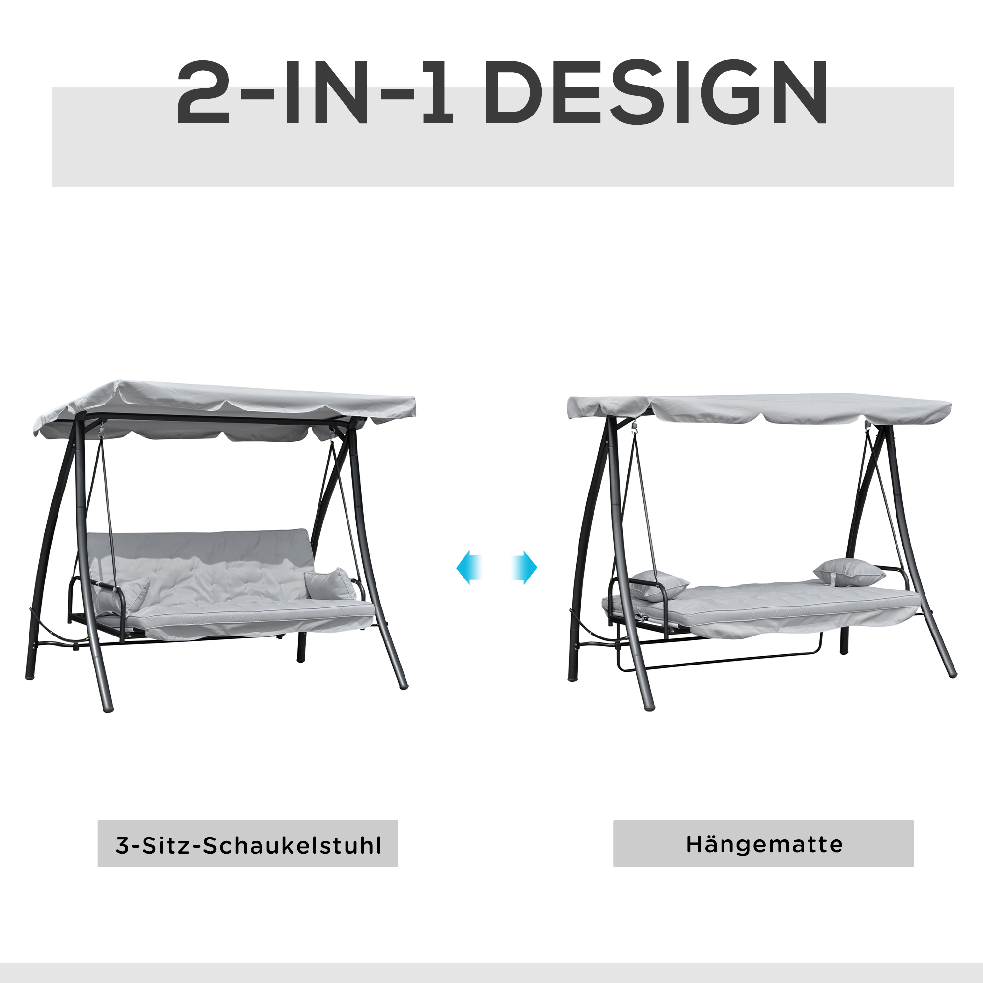 Hollywoodschaukel Gartenschaukel Schaukel Schaukelbank mit Liege-Funktion, 3 Sitzer, Metall+Polyester, Grau, 209 x 114 x 170 cm