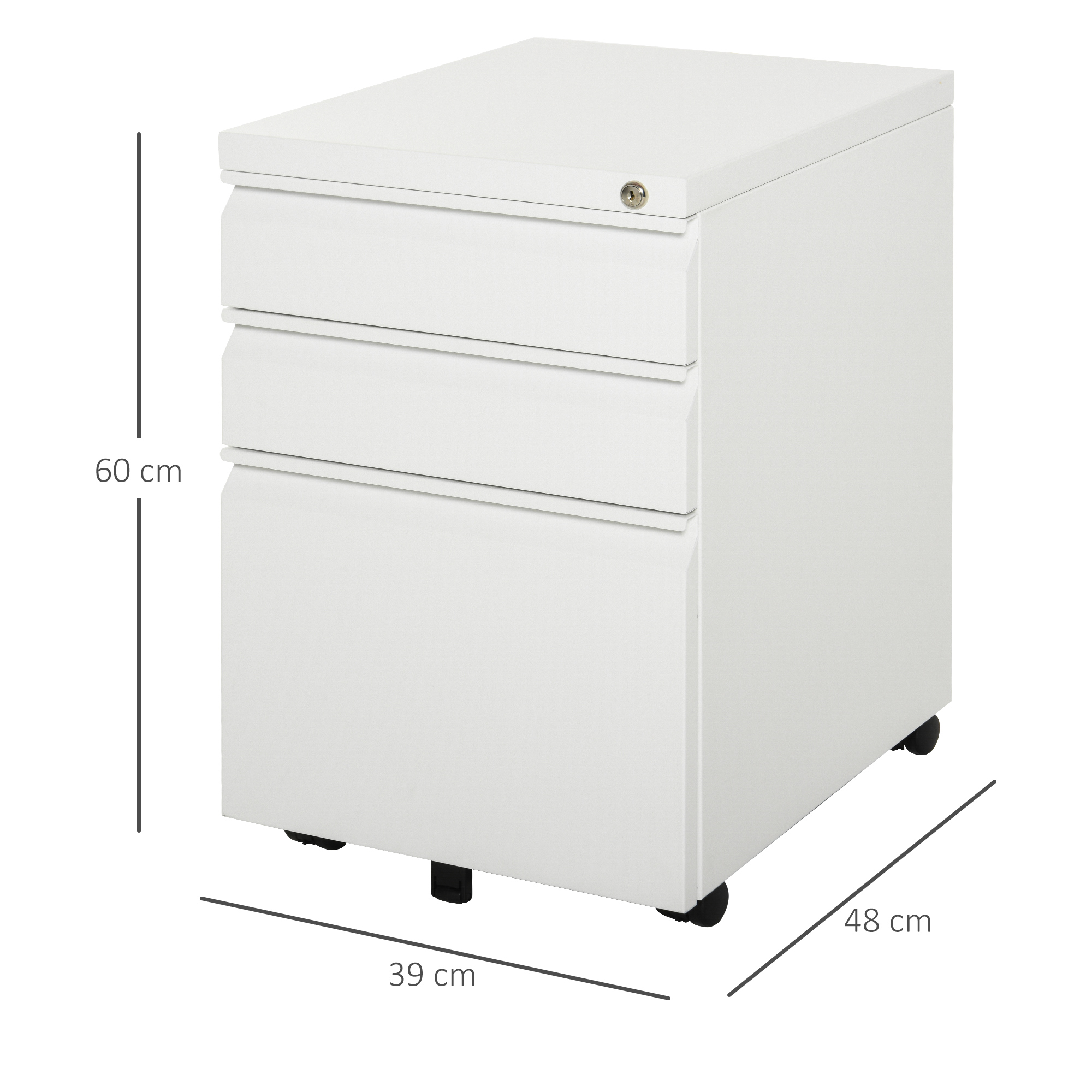 Rollcontainer mit 3 Schubladen mobiler Aktenschrank mit Rollen abschließbar Büroschrank mit konkavem Griff, Schubladenschrank für Büro, Homeoffice, 39 x 48 x 60 cm, Weiß