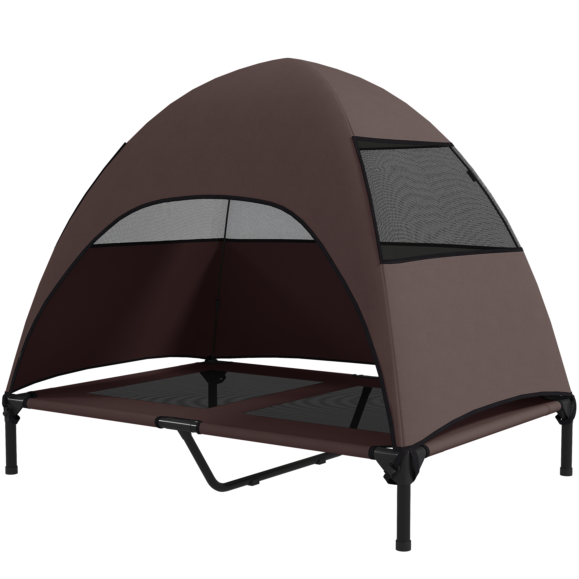 Hundeliege Outdoor mit Dach, erhöhtes Hundebett für Große Hunde, 106 x 76 x 99 cm, Kaffee