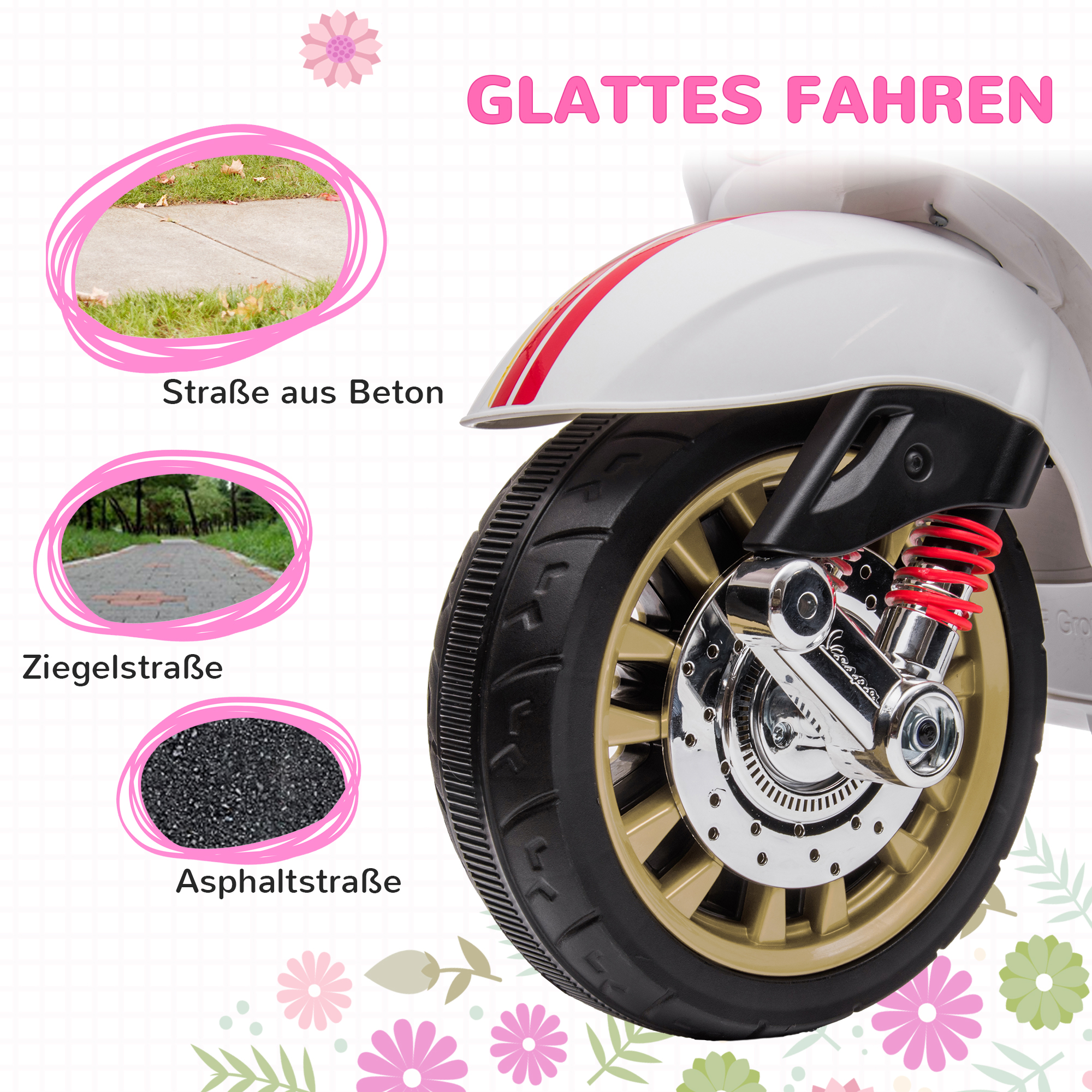 Elektro-Kindermotorrad, Vespa, 3 km/h, 3-6 Jahre, Musik, Licht & Radio, Weiß