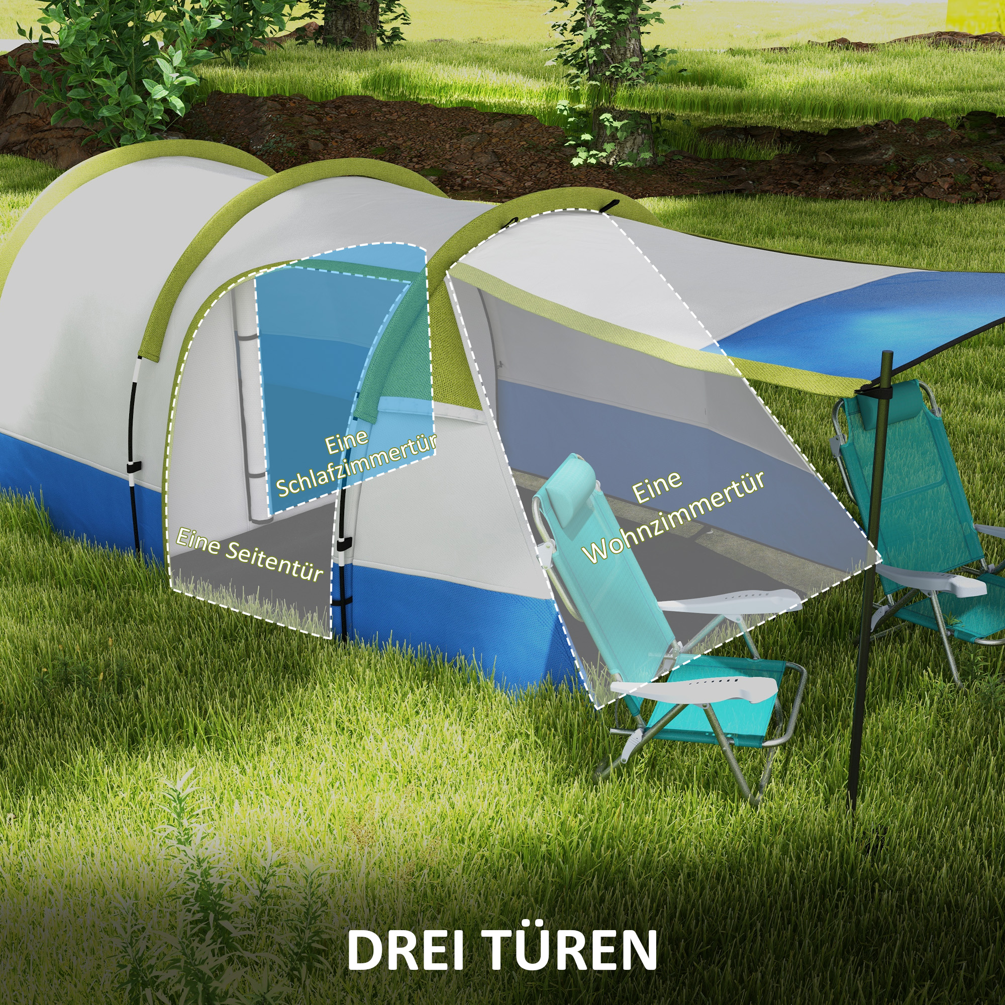 Campingzelt, für 3 Personen, Laternenhaken, drei Eingänge, wasserdicht, Grün