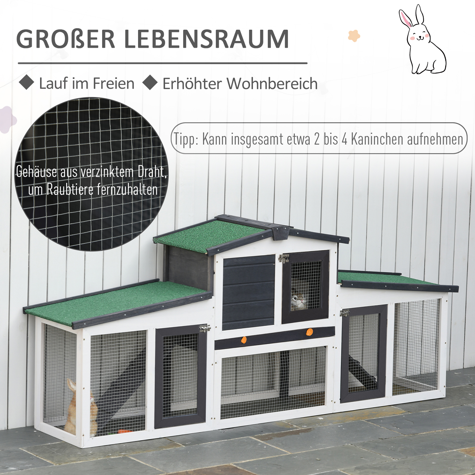 Kleintierstall mit 2 Freigehegen wetterbeständig Tannenholz Weiß + Grün