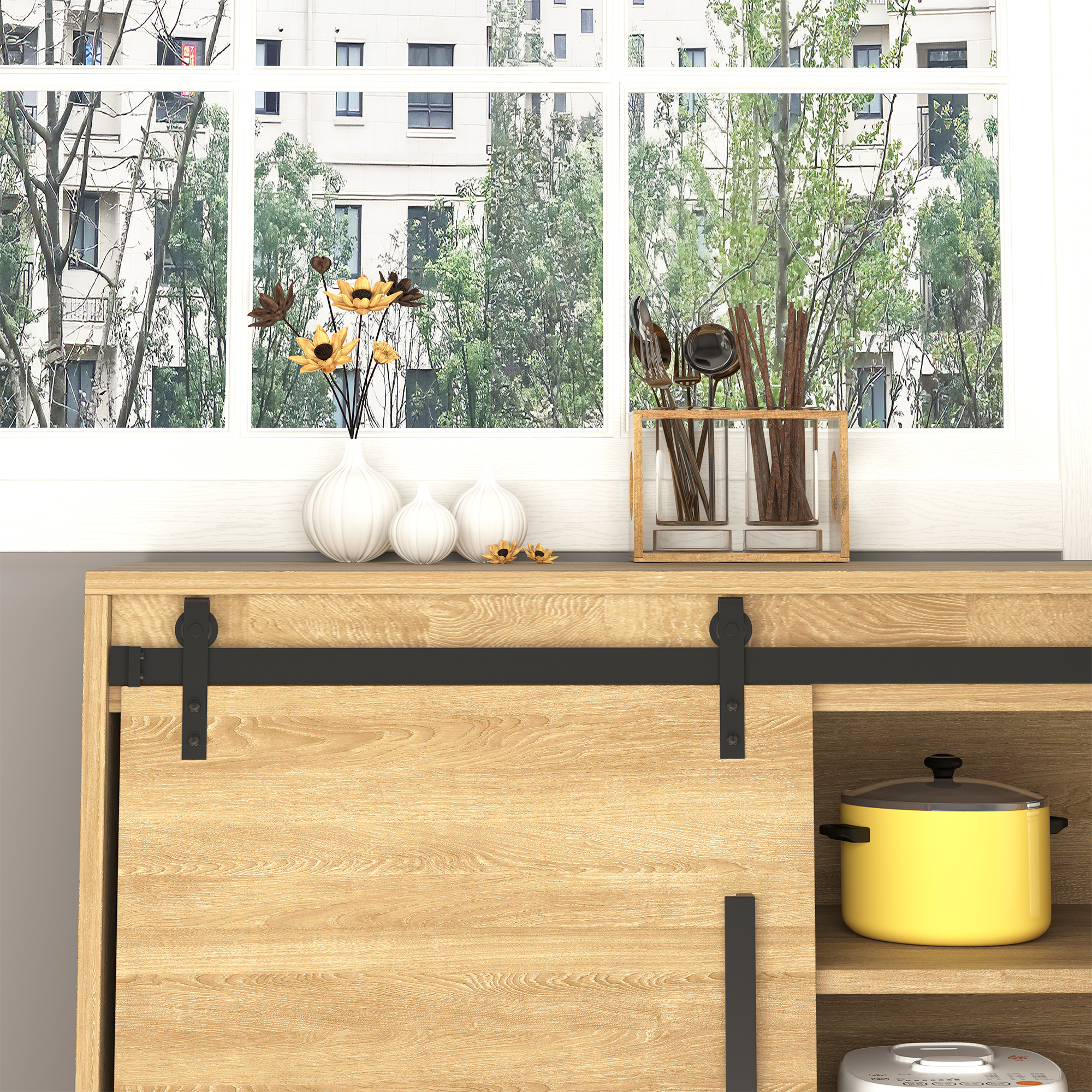 183 cm Schiebetür Komplettset Schiebetürsystem mit Bodenführung, Schiebetür Laufschiene, Laufrollen Schiebetürbeschlag aus Kohlenstoffstahl für Doppelschiebetür