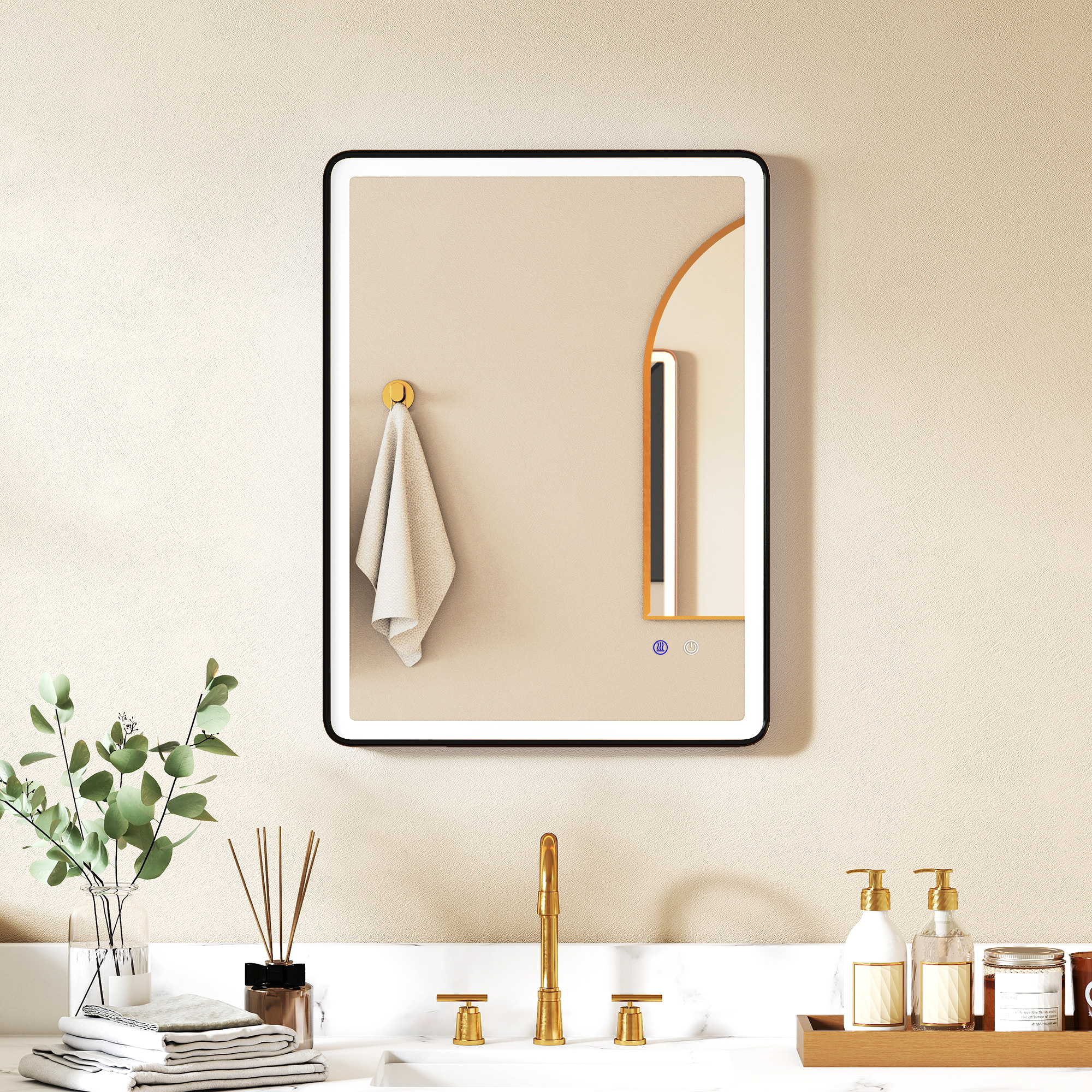 LED-Badezimmerspiegel Anti-Beschlag Dimmbare Schminkspiegel mit Beleuchtung 80 x 60 cm Schwarzer Rahmen