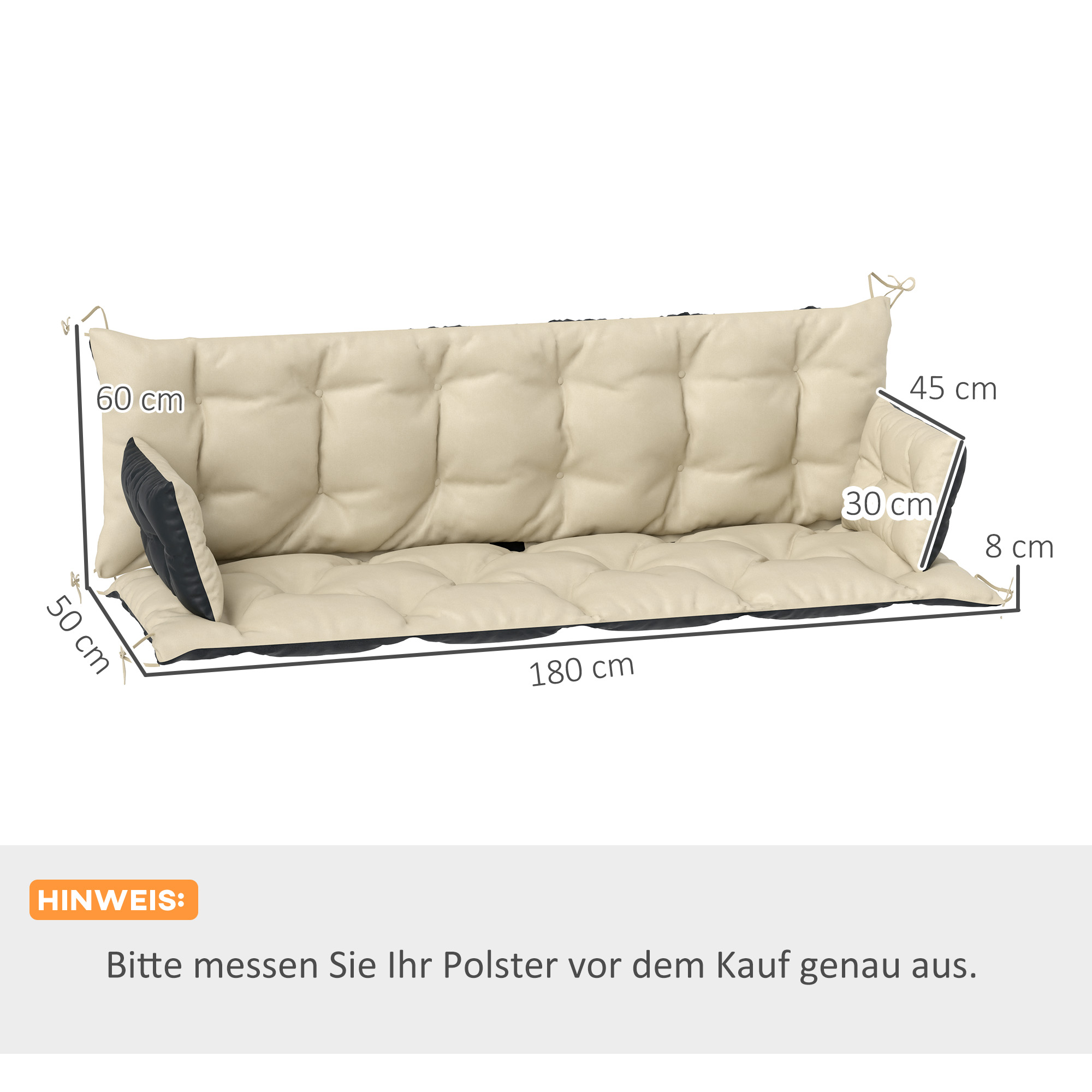 Outdoor-Kissen-Set für Bank oder Hollywoodschaukel, zweifarbig, Polyester, Schaumstoff, 180 x 110 x 8 cm, Beige+Schwarz