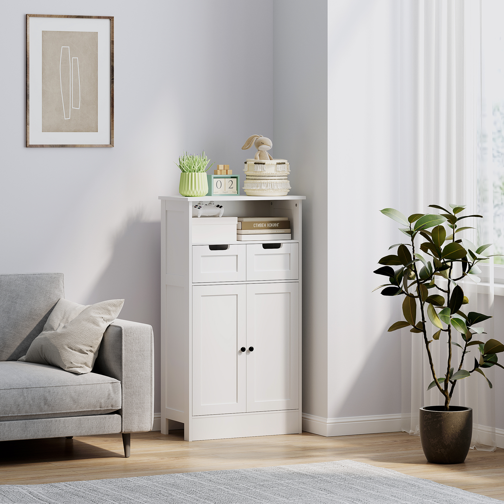 Badezimmerschrank mit 2 Schubladen, Tür, 60 x 30 x 109 cm, Weiß