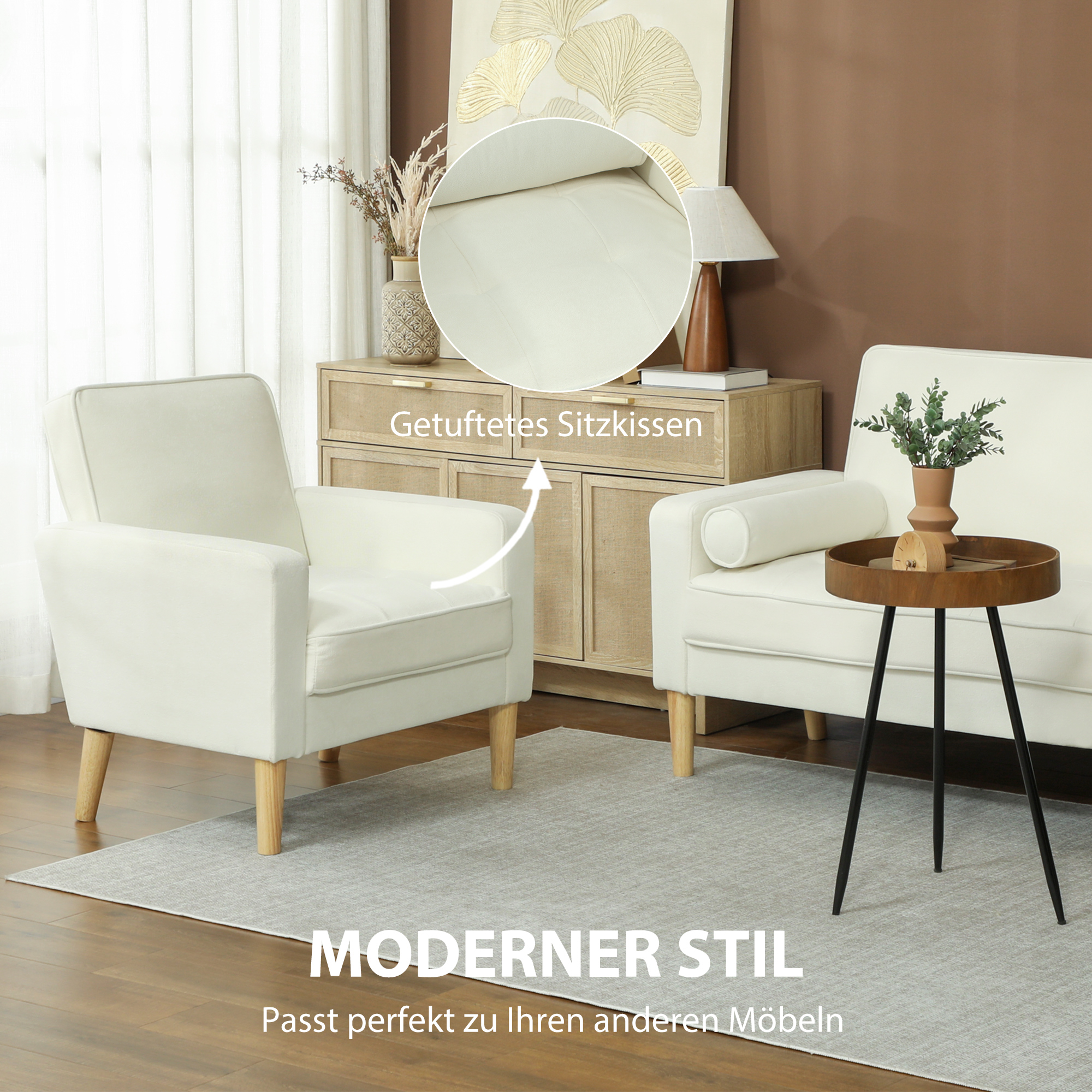 Polstersessel mit Armlehnen, neigbare Rückenlehne, Kautschukholzbeine, Cremeweiß