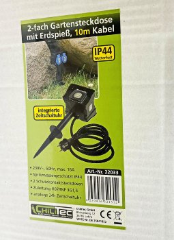 Gartensteckdose mit Erdspieß, 2-fach, IP44, 10m Kabel, Zeitschaltuhr