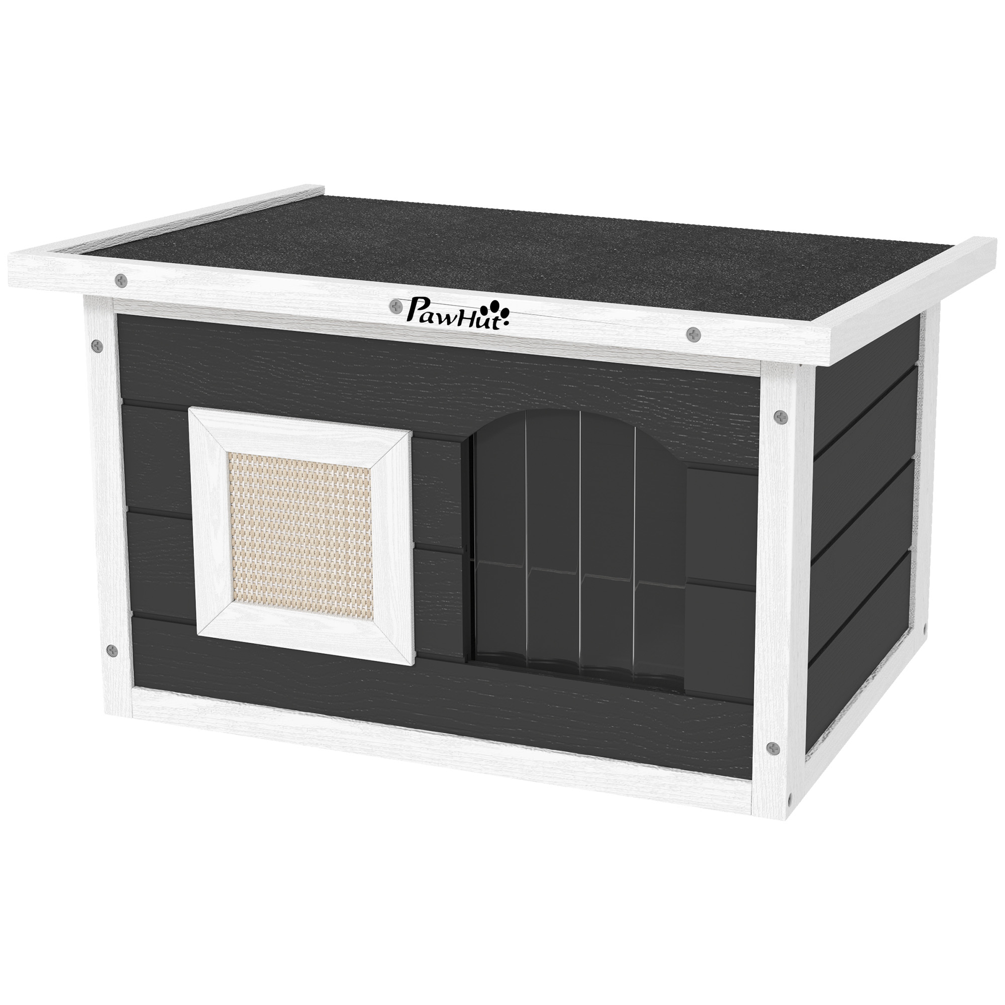 Katzenhaus, Rückzugsort für Katzen und Kaninchen, Holzhaus mit Kratzmatte, Türklappe, 61 x 45 x 36,5 cm, Grau