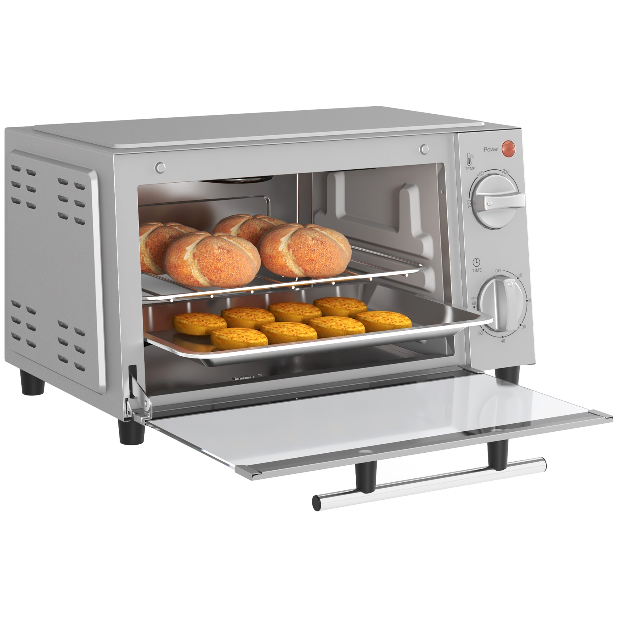 Minibackofen, 9 L Mini-Ofen mit Backblech, Grillrost, mit einstellbarer Temperatur und Garzeit, Edelstahl, Silber