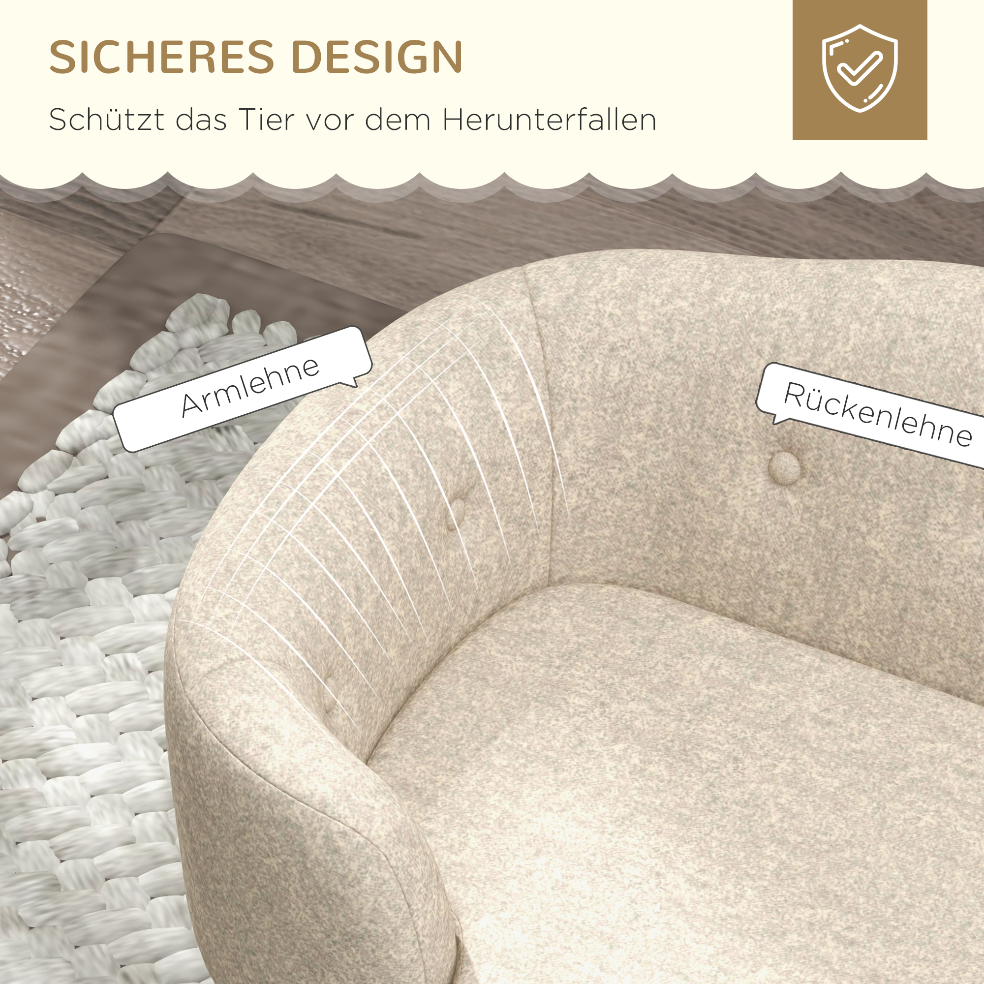 Haustiersofa Hundematte Hundebett Hundesofa Hundecouch Katzen Sofa mit Kissen Rückentasche Plüsch Schaumstoff Kiefernholz Cremeweiß 70 x 47 x 30 cm