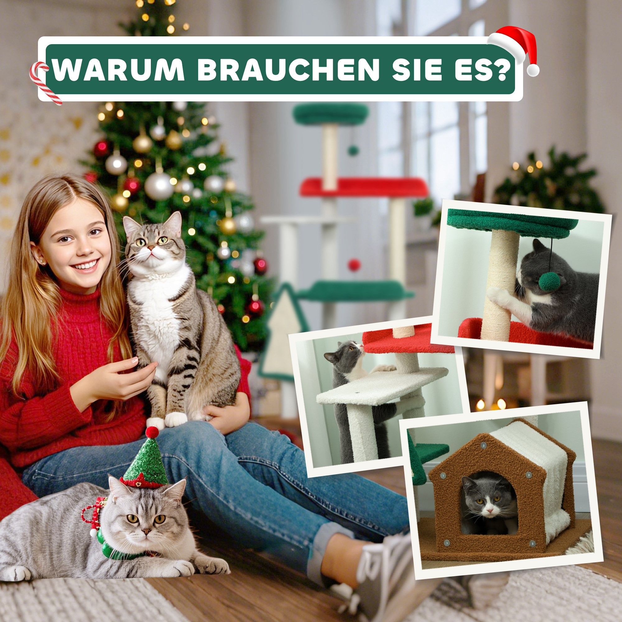 135 cm Katzenkratzbaum in Weihnachtsfarben mit Katzenbett, Katzenhaus, Kratzpfosten, Sprungplattformen, Spielzeugbällen