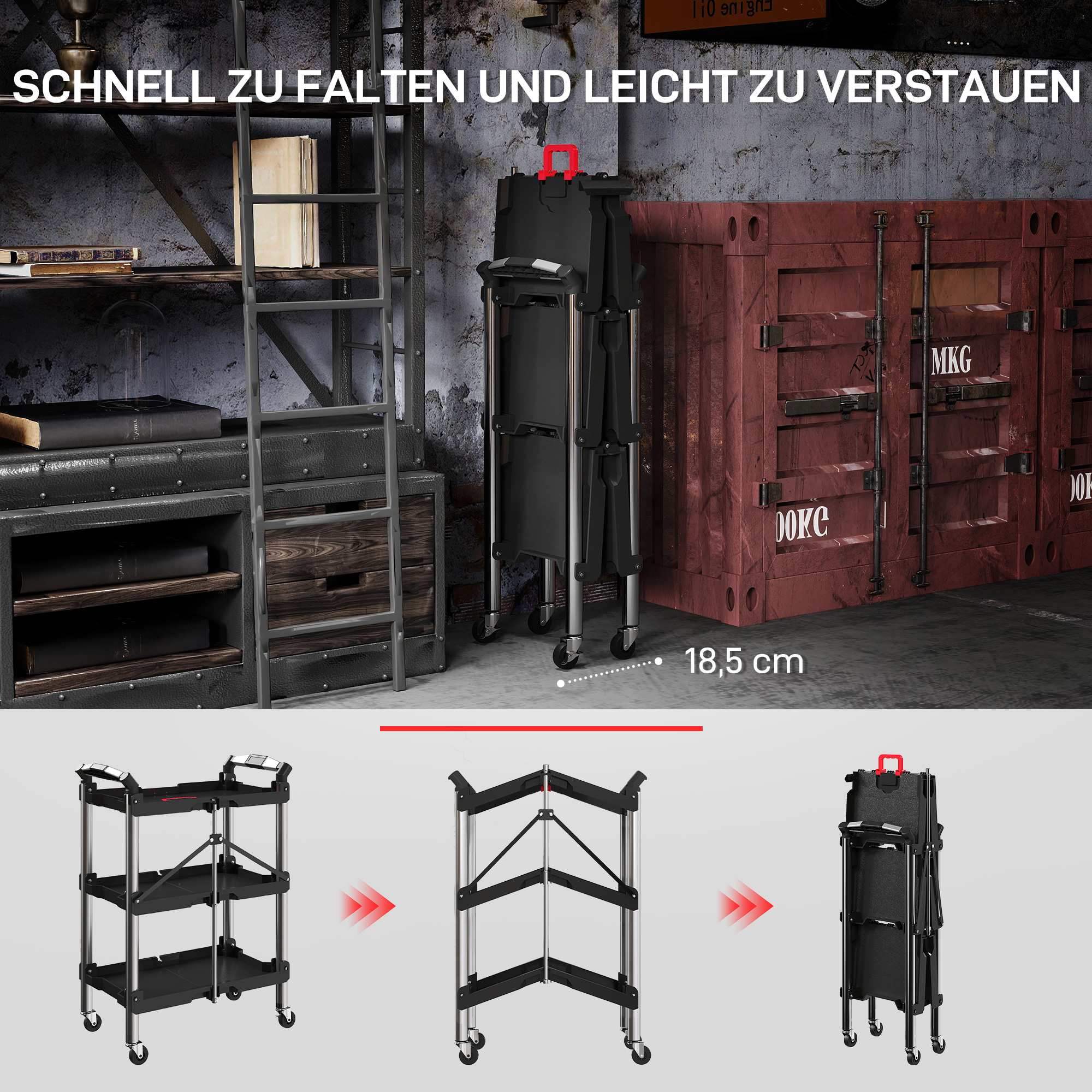 Werkzeug-Trolley, klappbarer 3-stufiger Werkzeugwagen, Kunststoff, Stahl, Schwarz