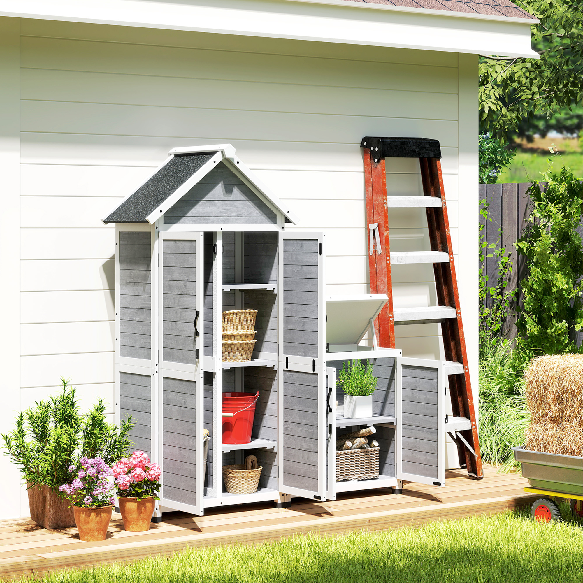 Gartenschuppen mit Aufbewahrungsschrank, anpassbare Regale, verschließbare Türen, wasserfest, Fichtenholz, Hellgrau