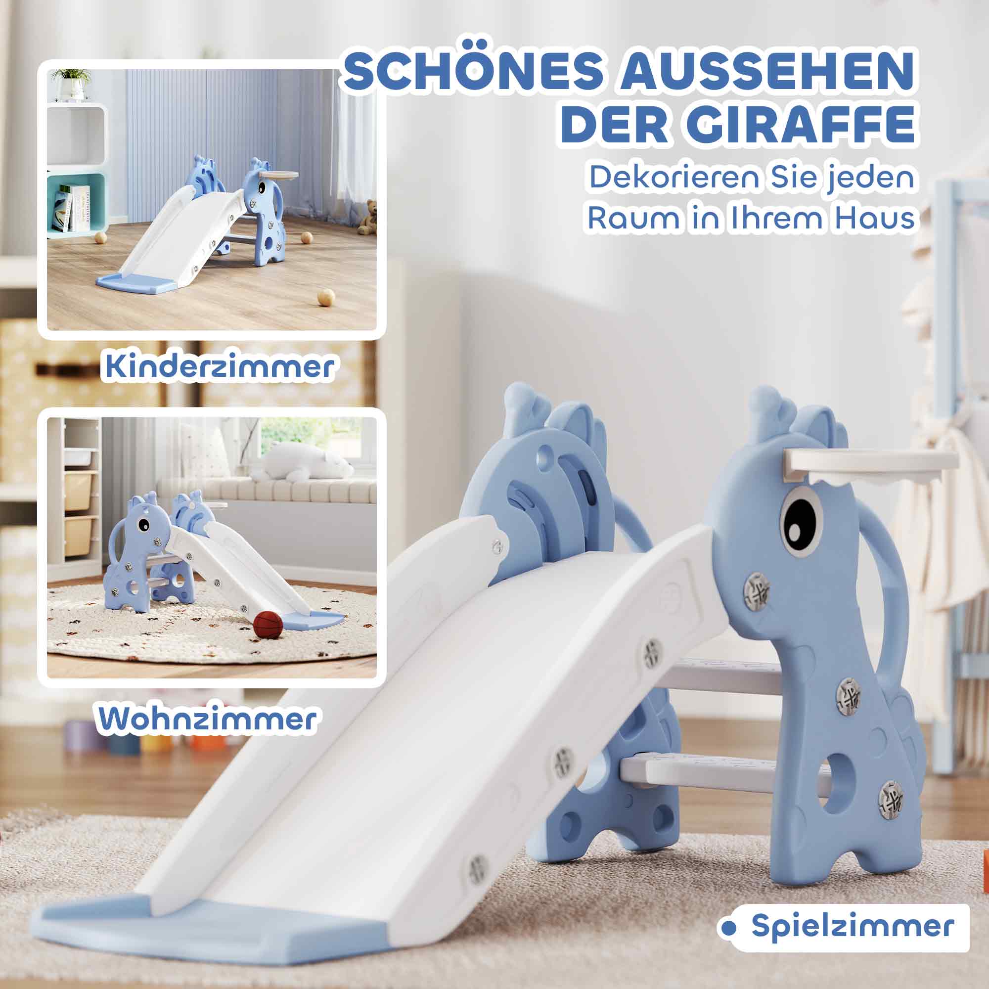 3-in-1 Rutsche für Kinder, Giraffenform, Basketballkorb, Ball, Blau
