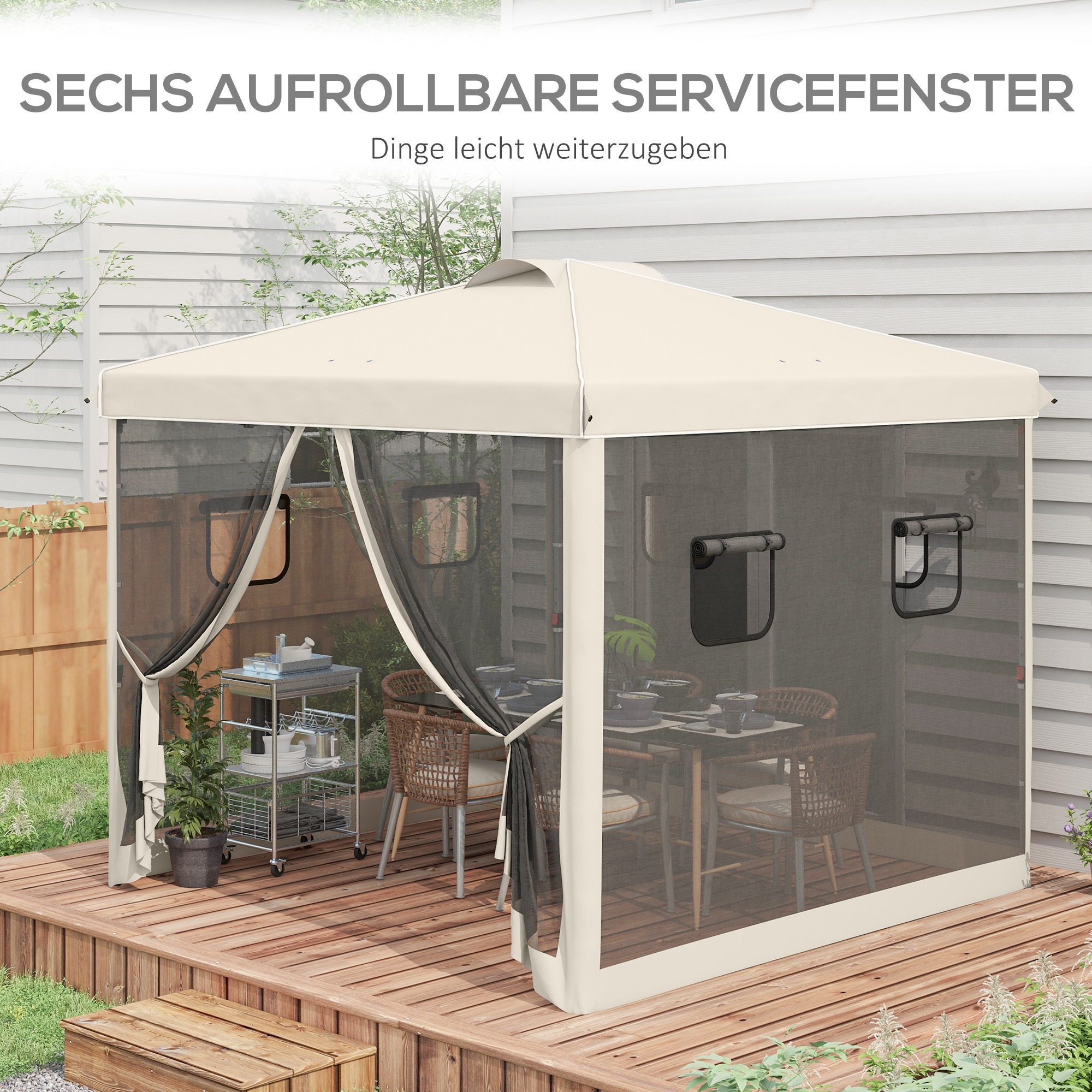 Faltpavillon, höhenverstellbar, Netzvorhänge, Tragetasche, Metallgestell, 3 x 3 x 3 m, Beige