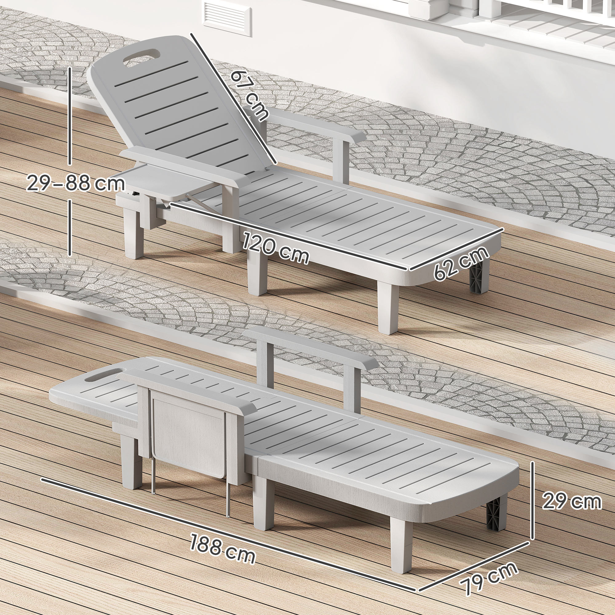 Sonnenliege Gartenliege mit Seitentisch Holzoptik Liegestuhl mit 5-Fach verstellbare Rückenlehne Hellgrau