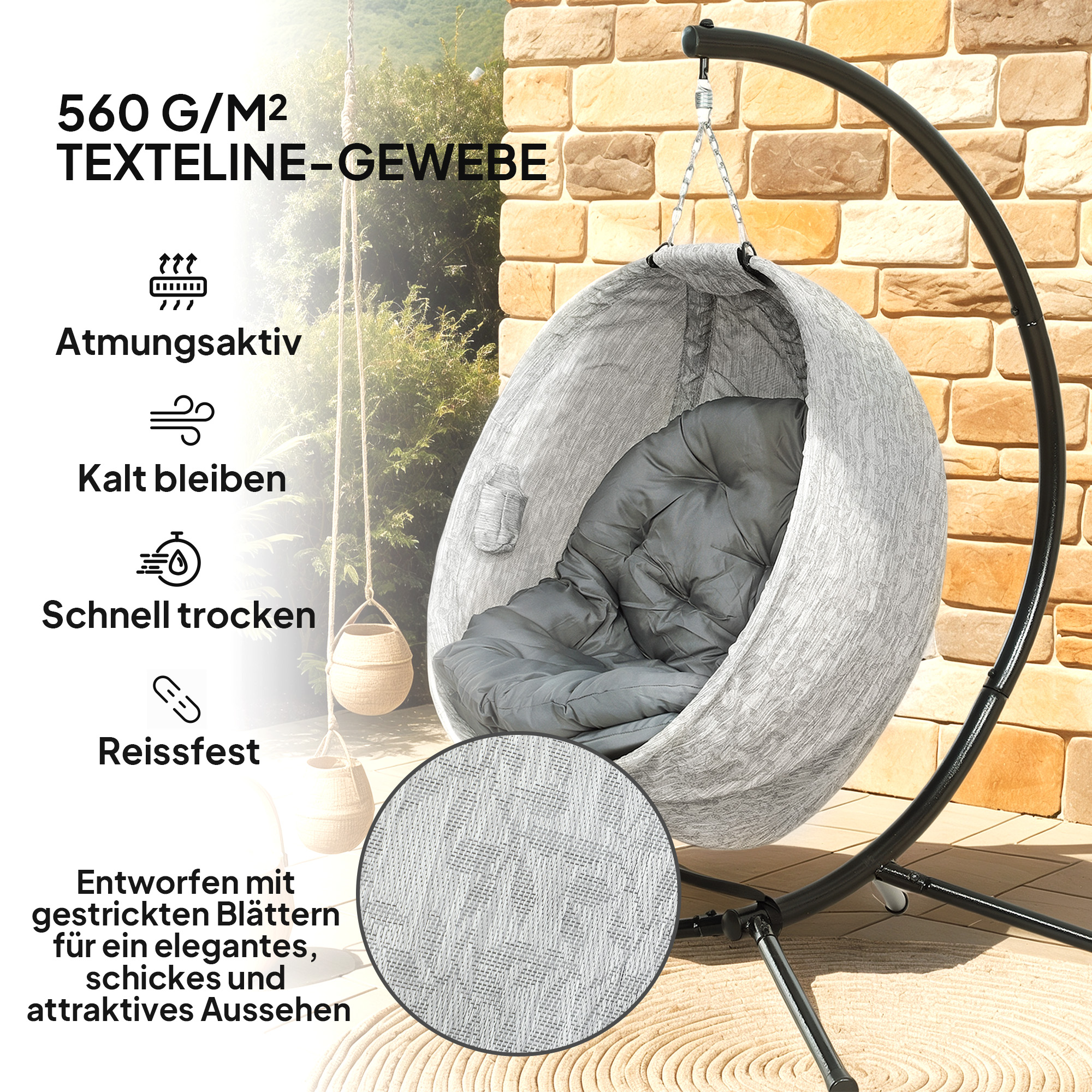 Eiförmiger Hängekorb, Hängesessel mit Schaukelfunktion und faltbarem Korb, Gartenstuhl, Becherhalter, Grau