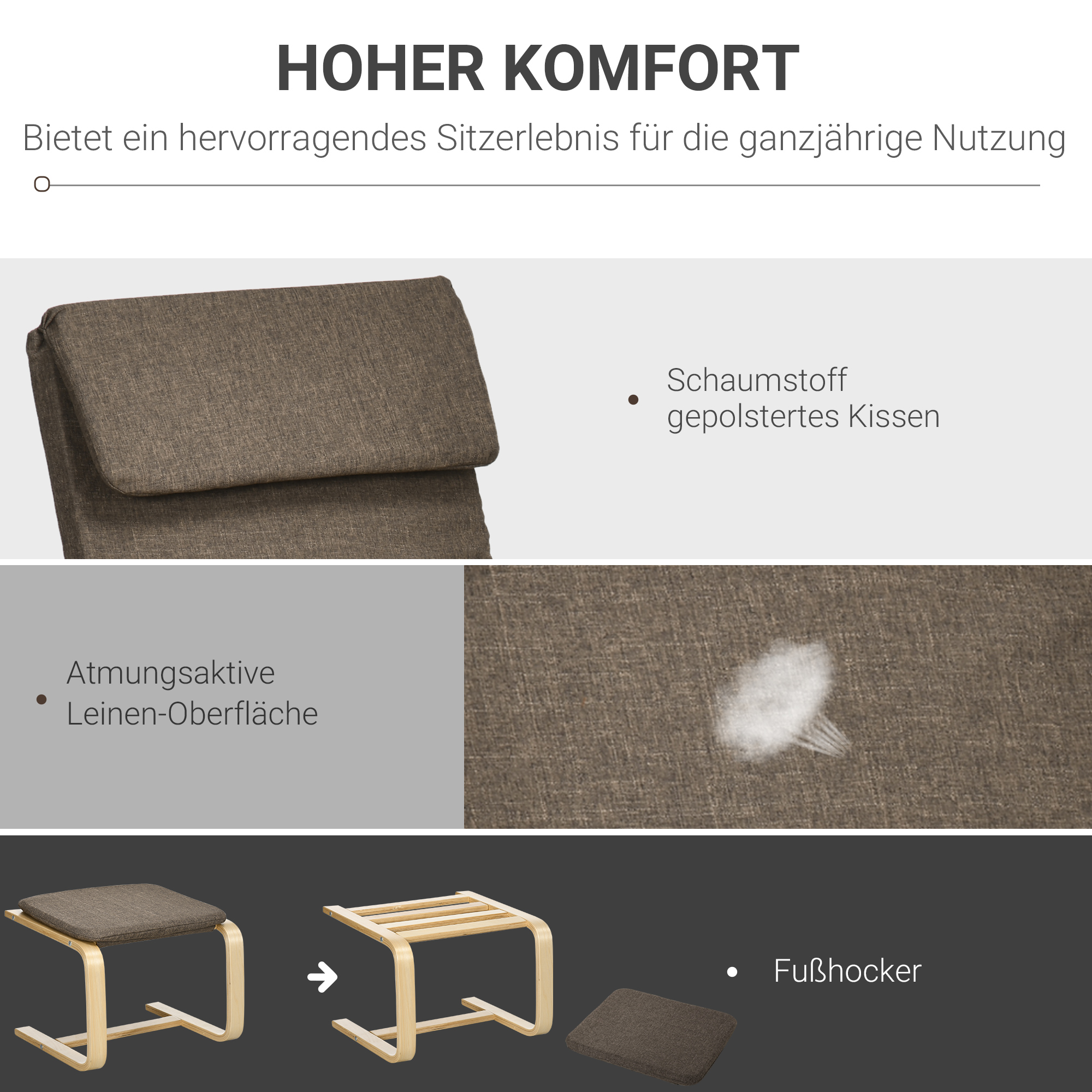 Sessel mit Fußhocker, Sessel-Set, Leinenoptik, Massivholz, Braun + Natur