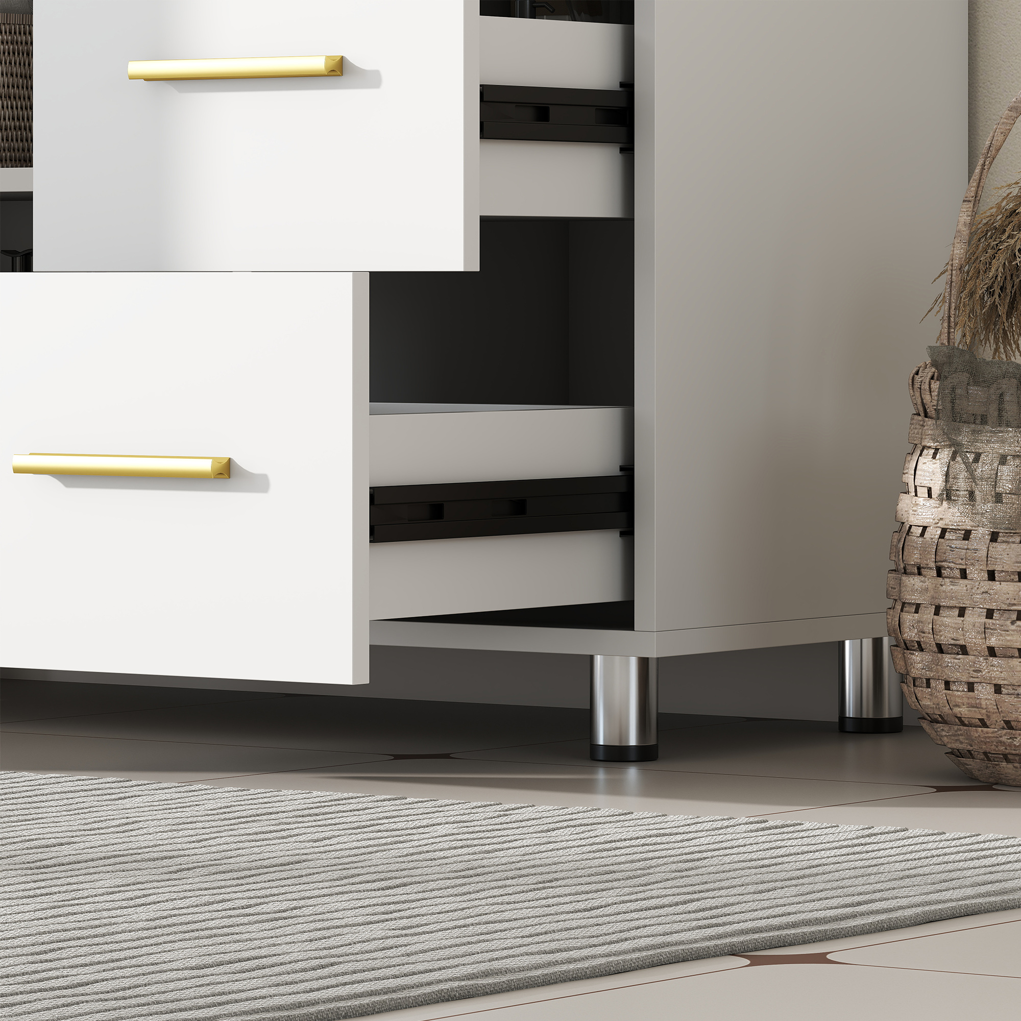 Badezimmer-Unterschrank, 3-stufiges Design, MDF, Spanplatte, Weiß