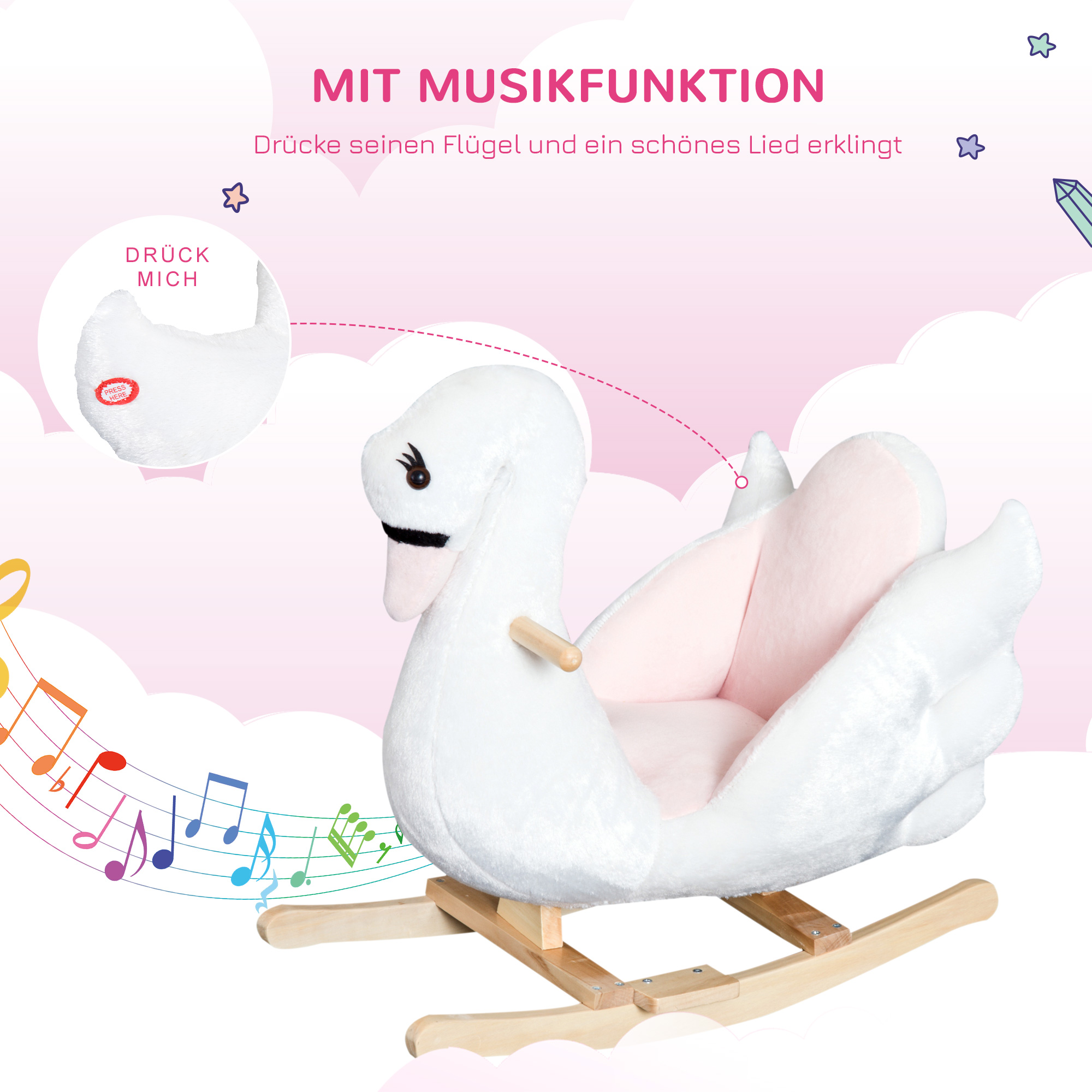 Schaukeltier Schaukelpferd mit Sicherheitsgurt Musik, 55 cm Baby Schaukel aus weichem Plüsch Schaukelspielzeug Spielzeug Wippe für Baby Kinder Kleinkinder ab 18 Monate Holz