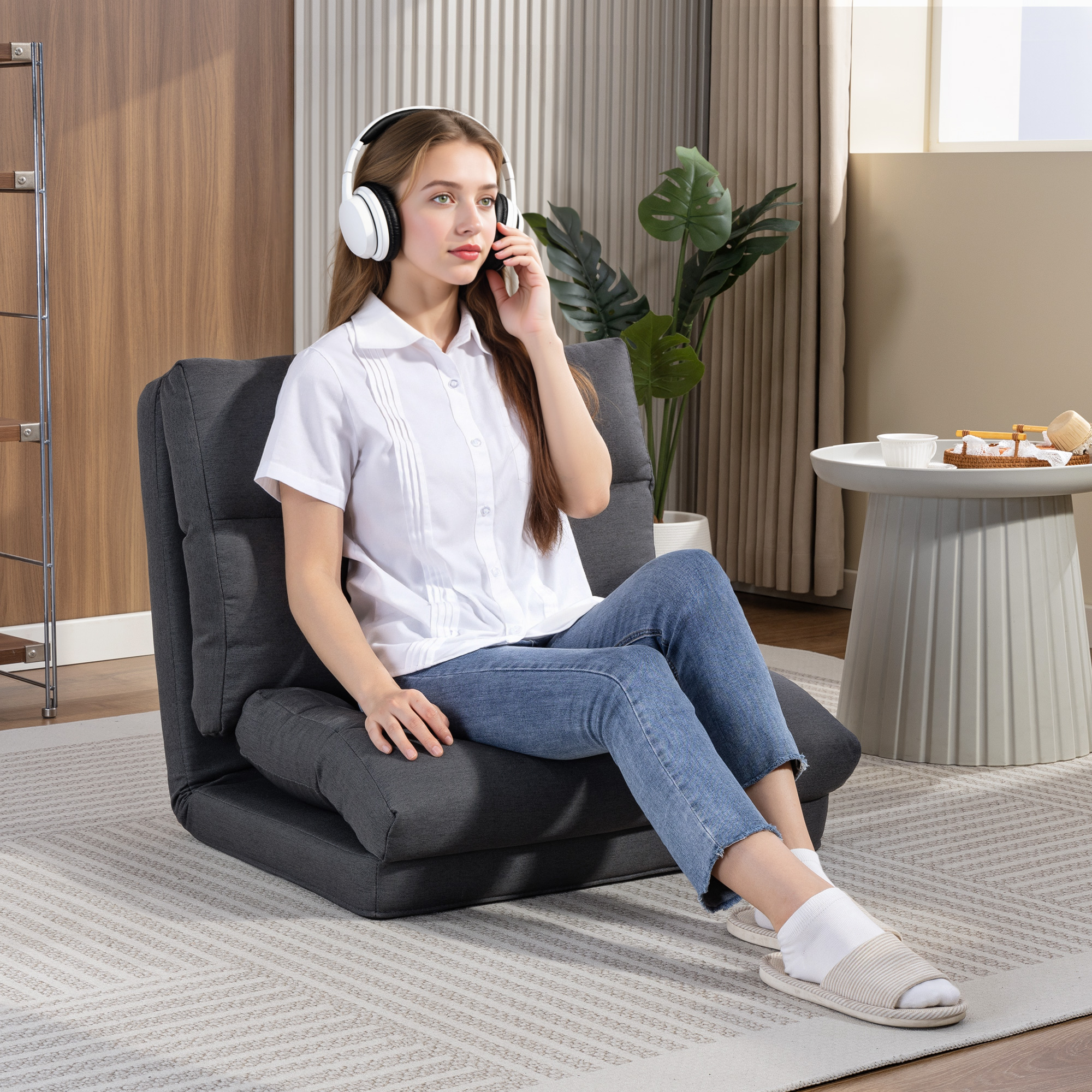 Sitzsack mit Bettfunktion, neigbare Lehne, klappbar, bis 120kg, 70 x 72 x 56 cm, Dunkelgrau