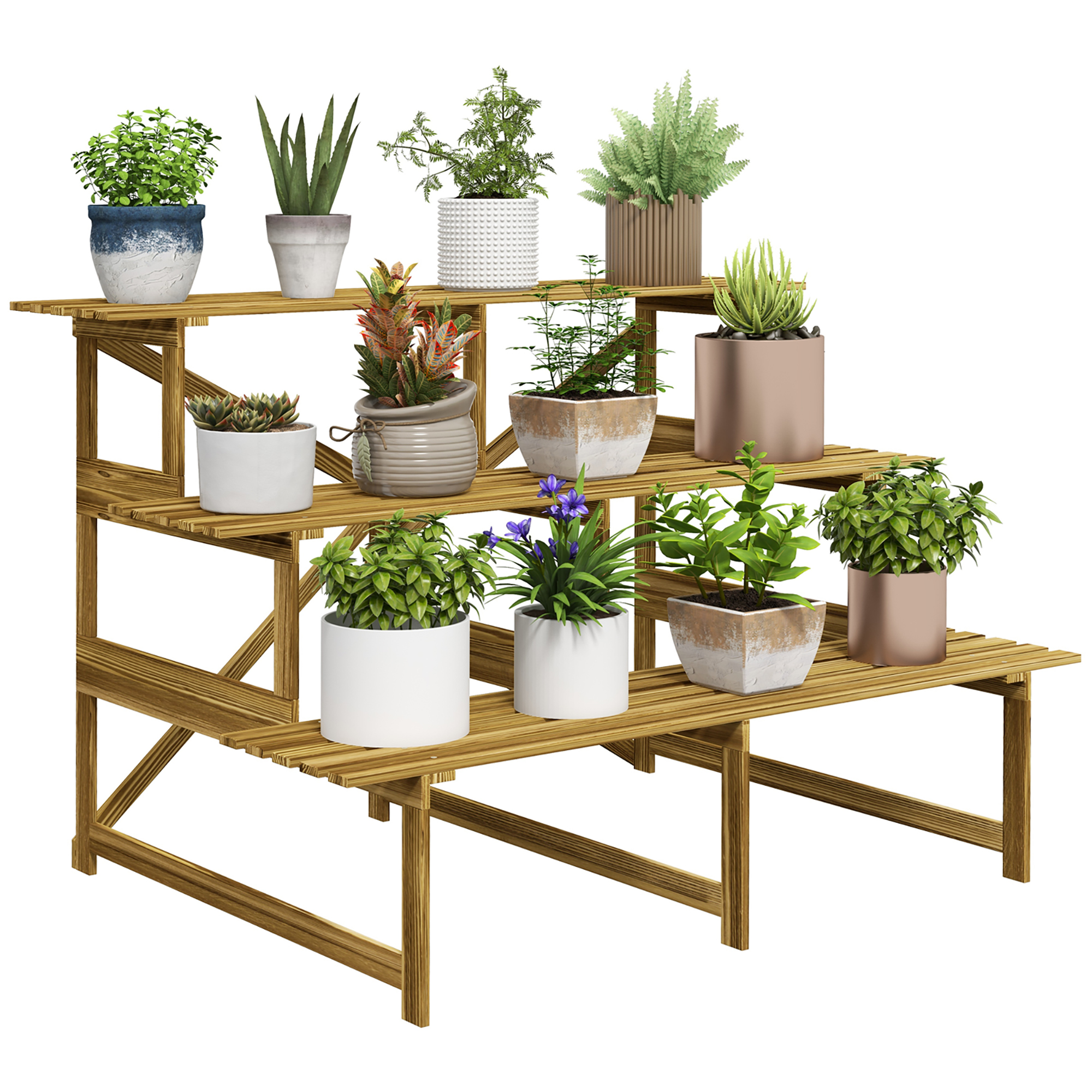 Pflanzentreppe, Blumentreppe, Blumenregal, Pflanzregal, Blumenständer, 3 Stufen, Tannenholz, 120 x 80 x 78cm