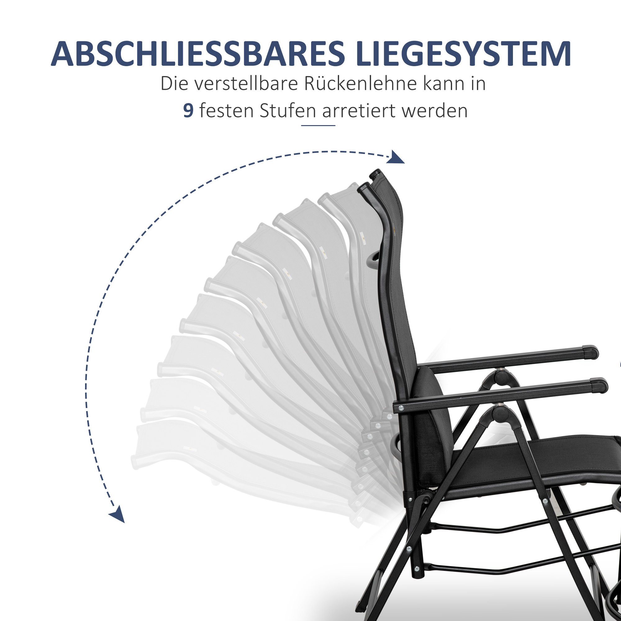 Sonnenliege klappbar Gartenliege mit Kissen Schwerelosigkeit Liegestuhl mit 9-Fach verstellbare Rückenlehne Gartenstuhl bis 150 kg belastbar, für Garten Urlaub Outdoor Strand Pool, Schwarz