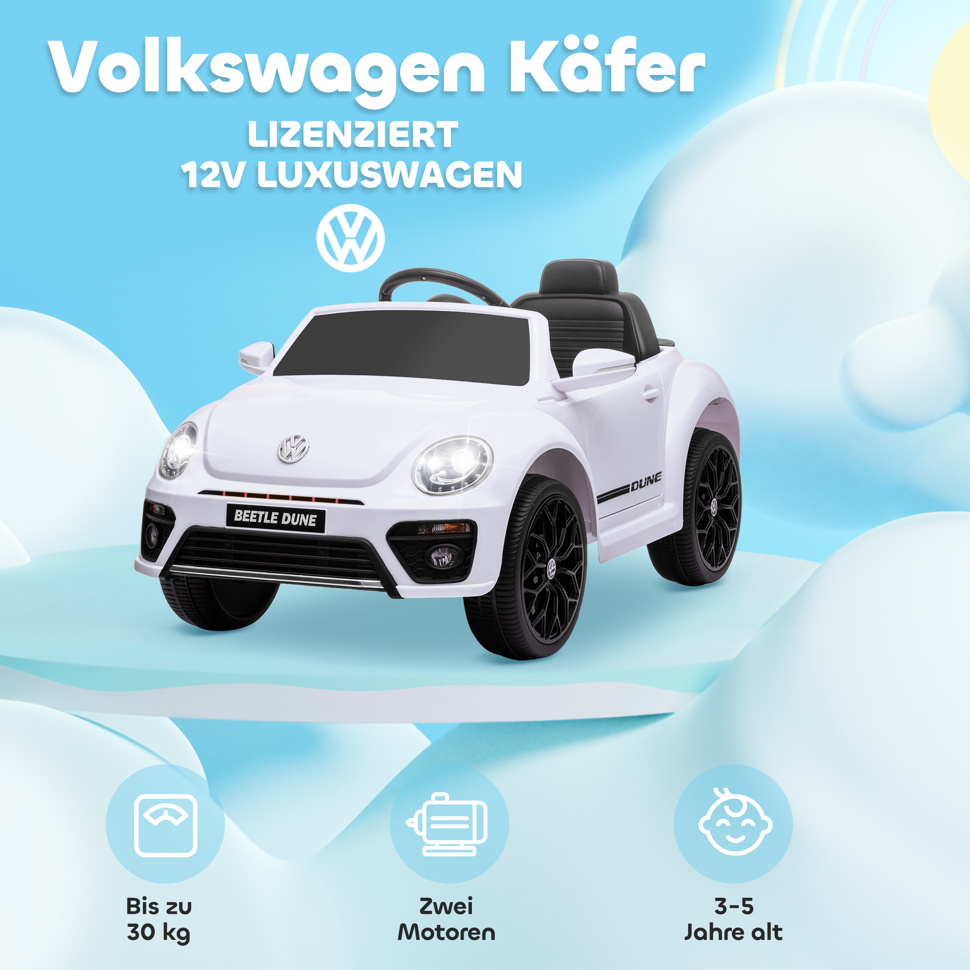 Kinderfahrzeug, VW Käfer, 3-5 km/h, mit Fernbedienung & Musik, Weiß