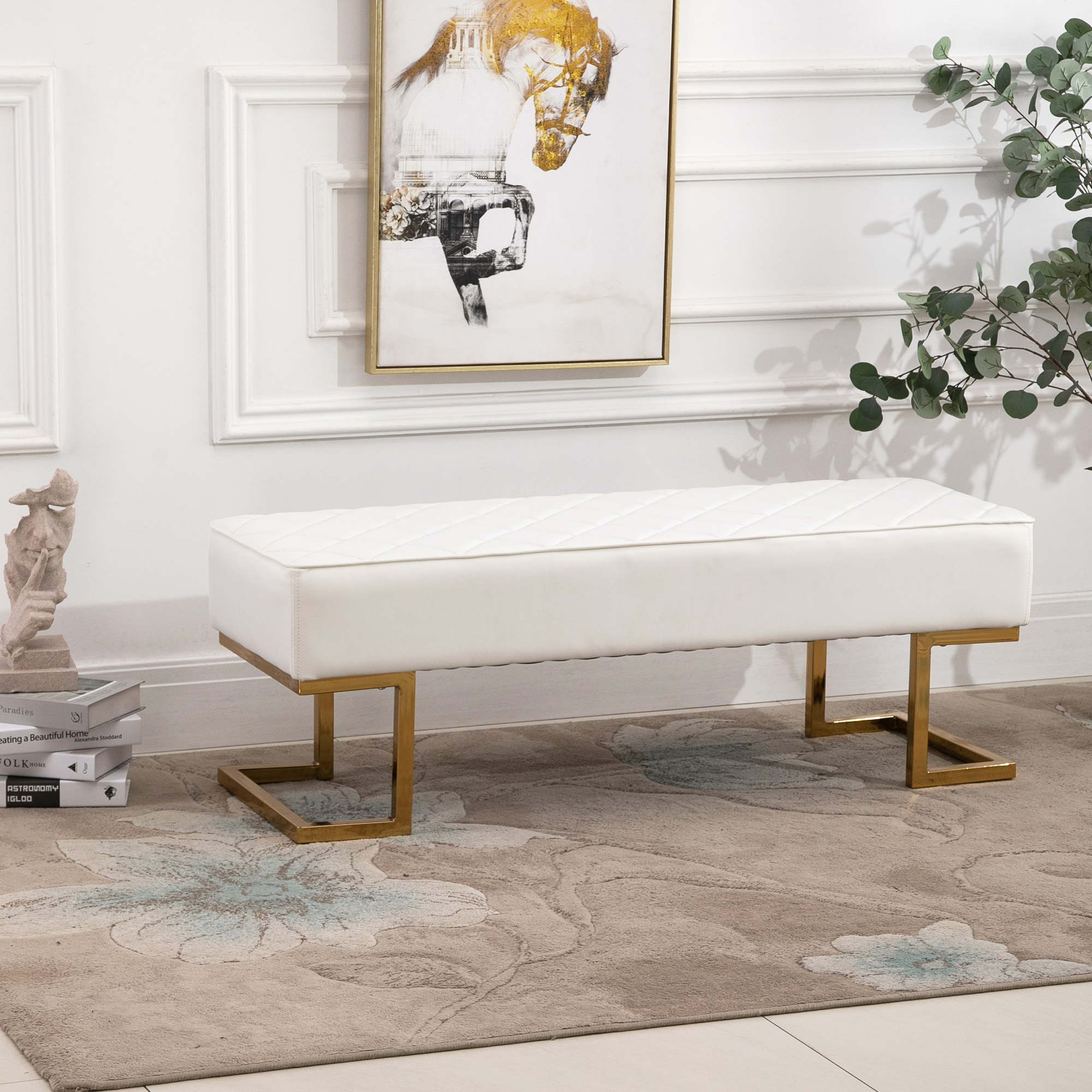 Sitzbank für Schlafzimmer Truhenbank Bettbank Wohnzimmer Kunstleder Metall Weiß+Gold 120 x 43 x 42 cm
