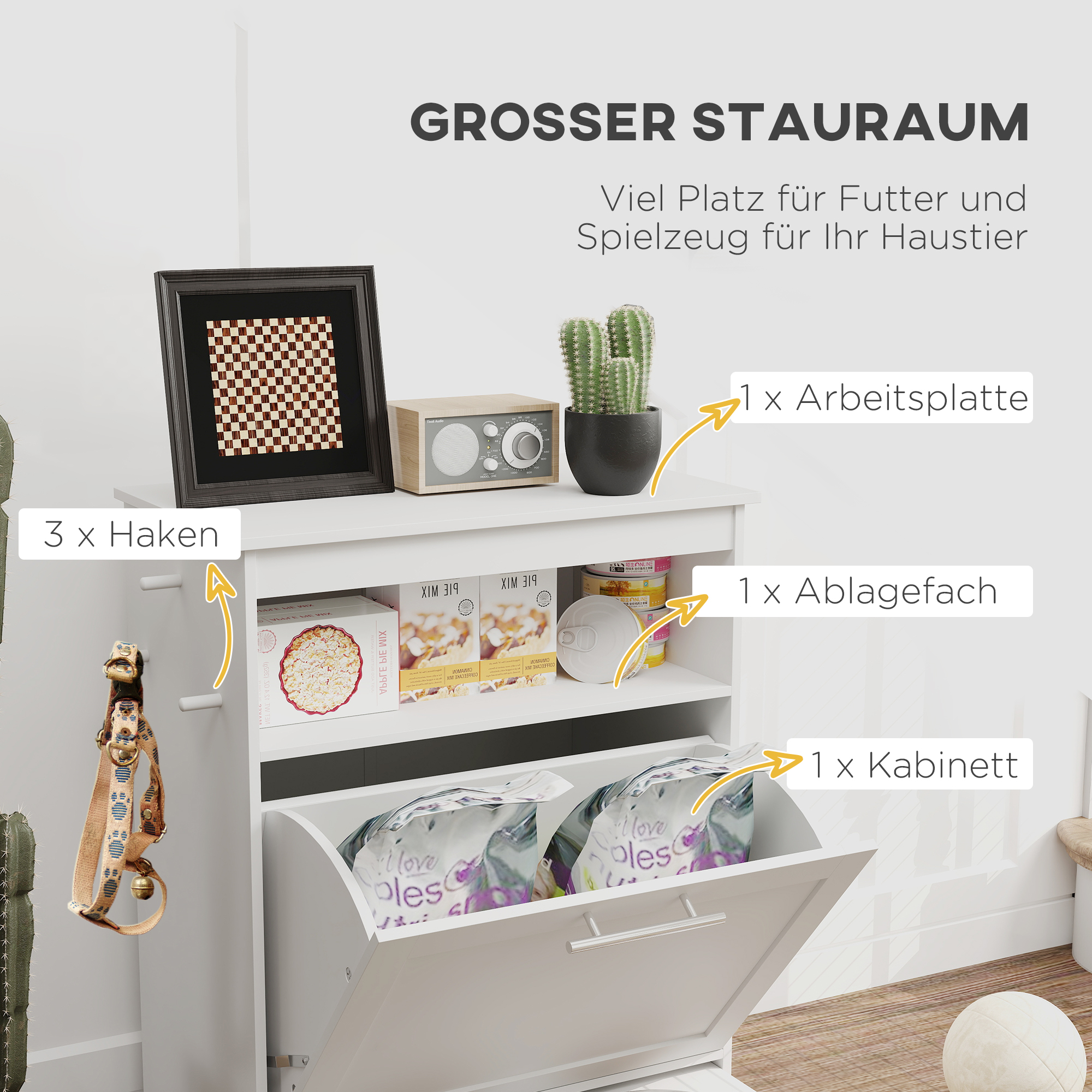 Futterstation für Haustiere, Aufbewahrungsschrank für Haustierbedarf, mit Futterschüsseln, Haken für Leinen, MDF, Weiß