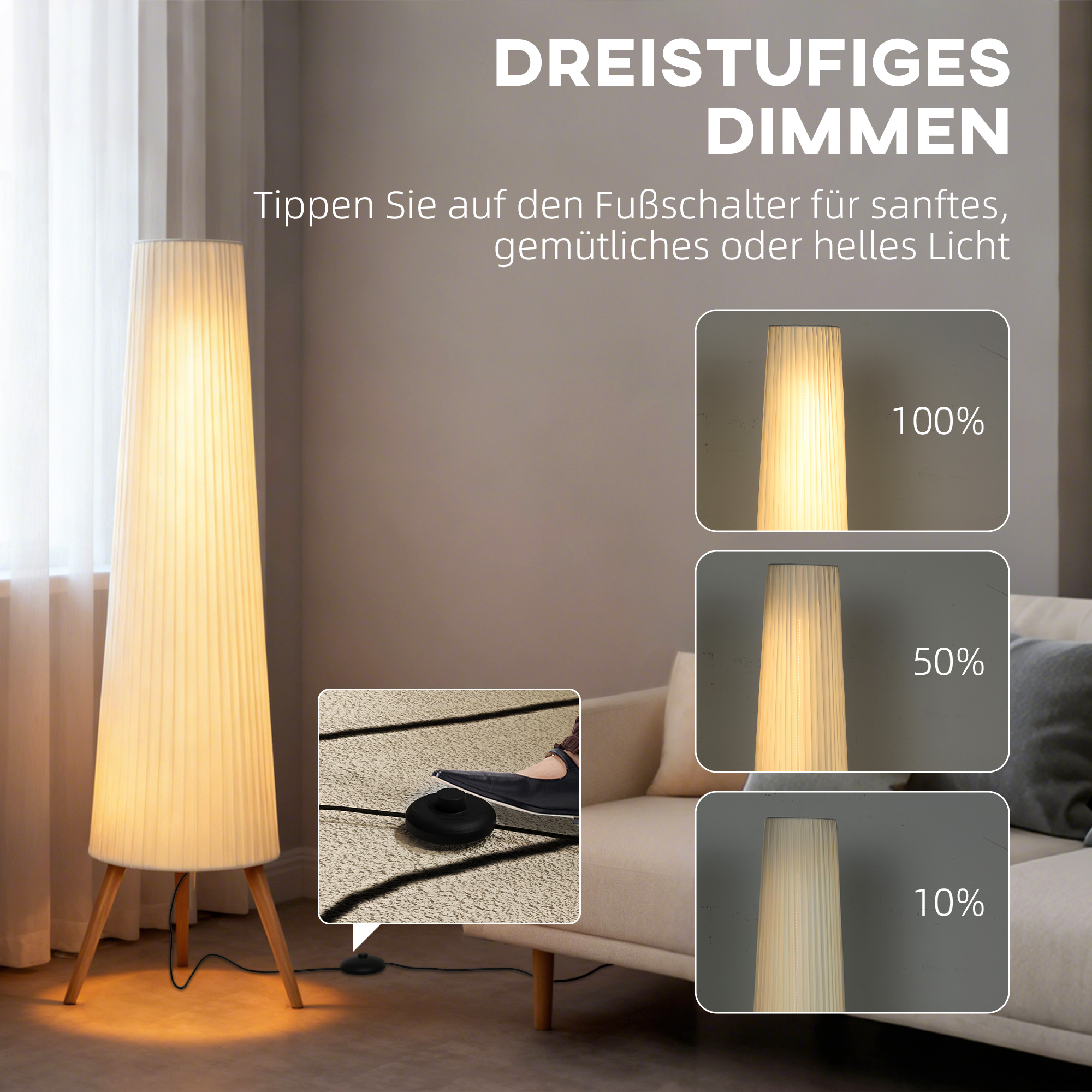 LED Stehlampe Wohnzimmer Dimmbar Holz mit Dreibein, Stehleuchte mit Fußschalter, 46 x 46 x 153 cm, Weiß