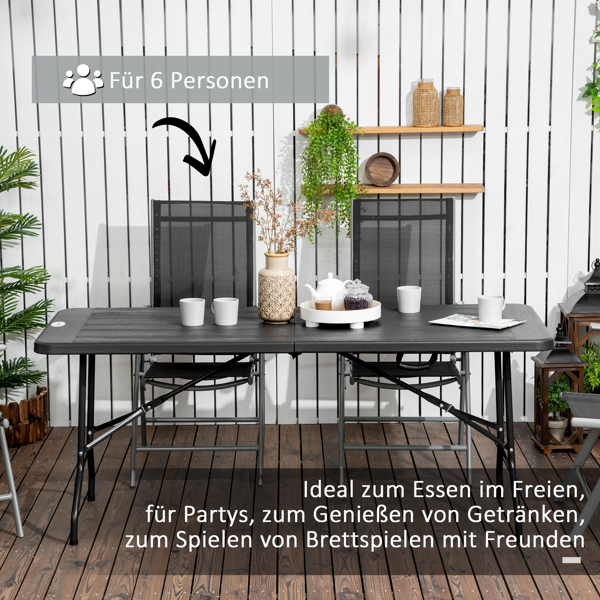 Outdoortisch, Gartentisch, für 6 Pers., klappbar, Holzoptik, dunkelgrau, 180 x 75,5 x 73 cm