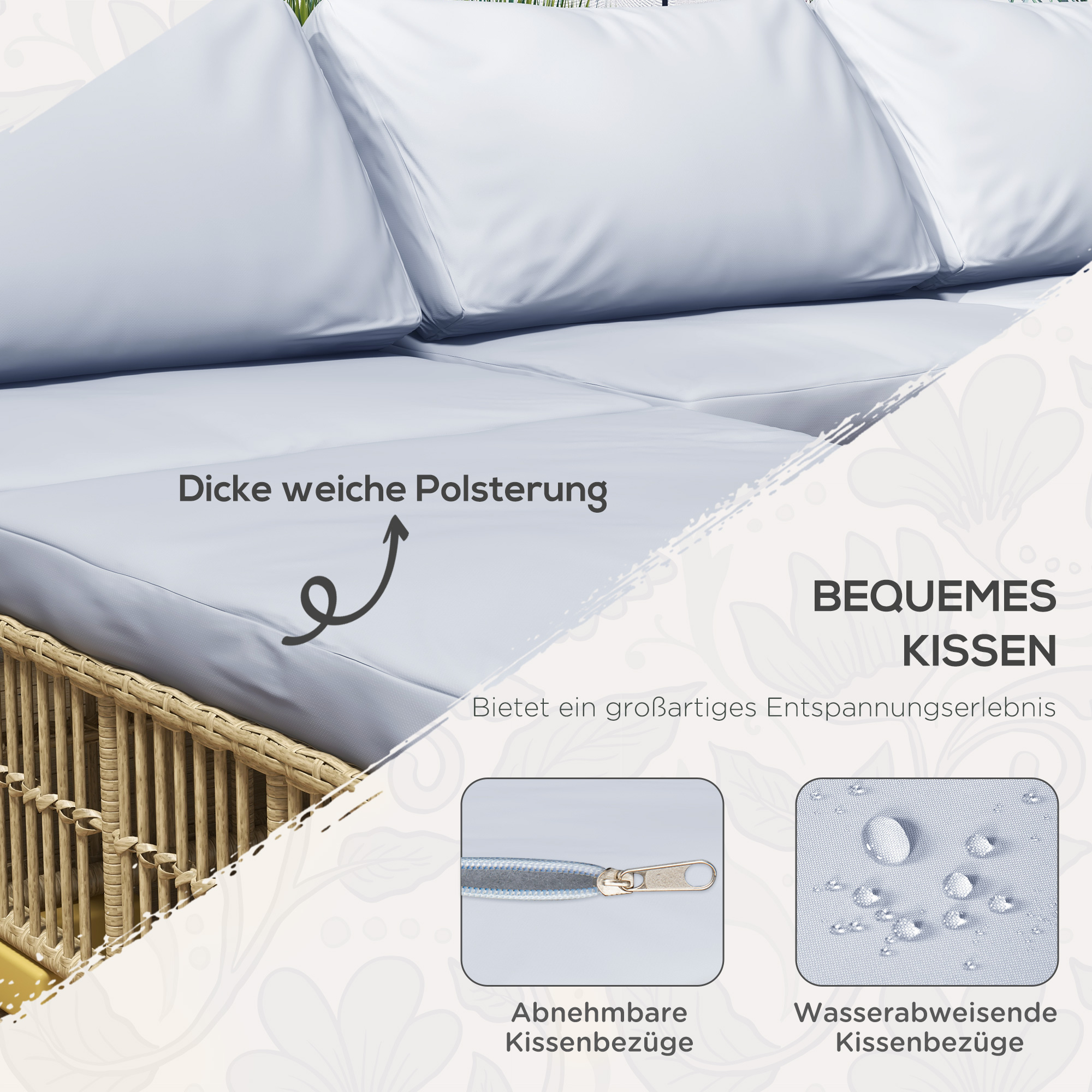 Gartengarnitur, 5-teilig, inkl. Sitzkissen, Kunstrattan, rostfreier Stahlrahmen, Hellgrau