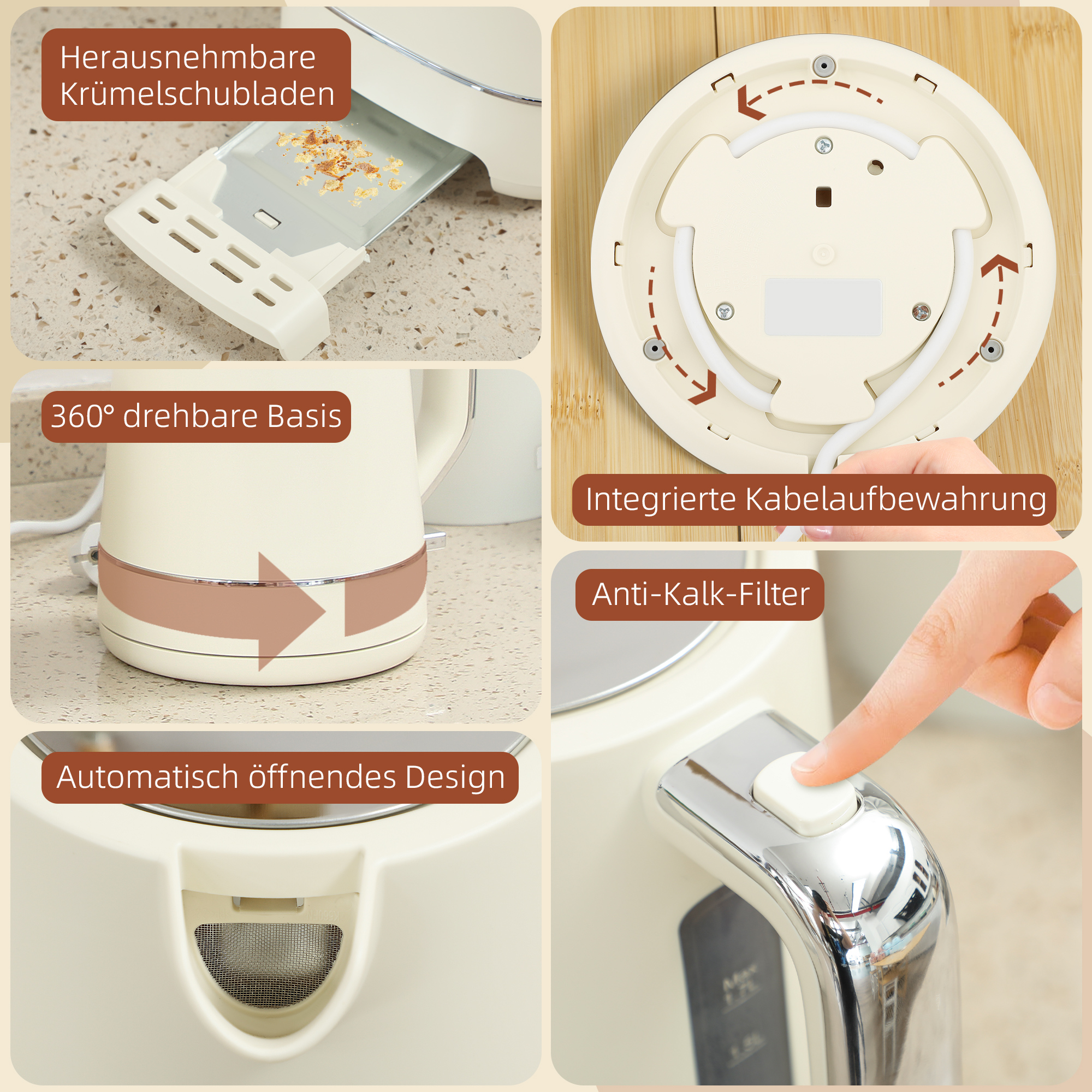 Set aus 1,7 L Wasserkocher und Toaster mit 6 Bräunungsstufen, Beige