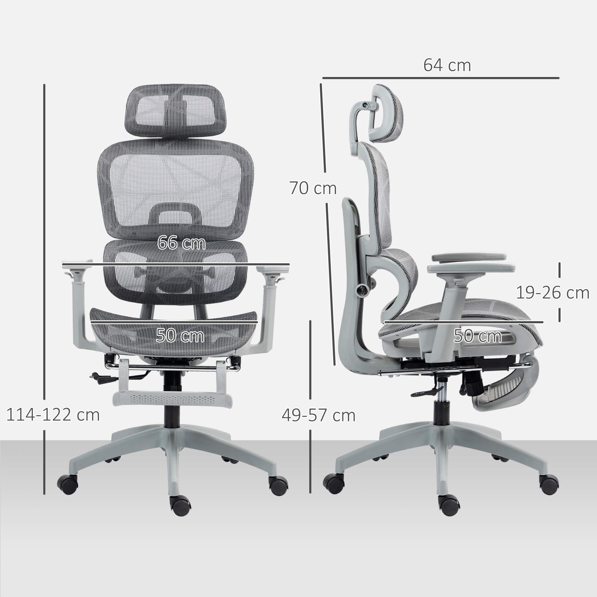 Bürostuhl, Ergonomischer Schreibtischstuhl mit Netzstoffbezug, verstellbar, rollbar, mit Armlehnen, Kopfstütze, Grau